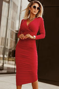 Ruched Surplice Long Sleeve Midi Dress Coastal - Southern Shores Clothing