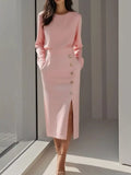Coastal Long Sleeve Button Detail Midi Dress With Side Slit - Southern Shores Clothing