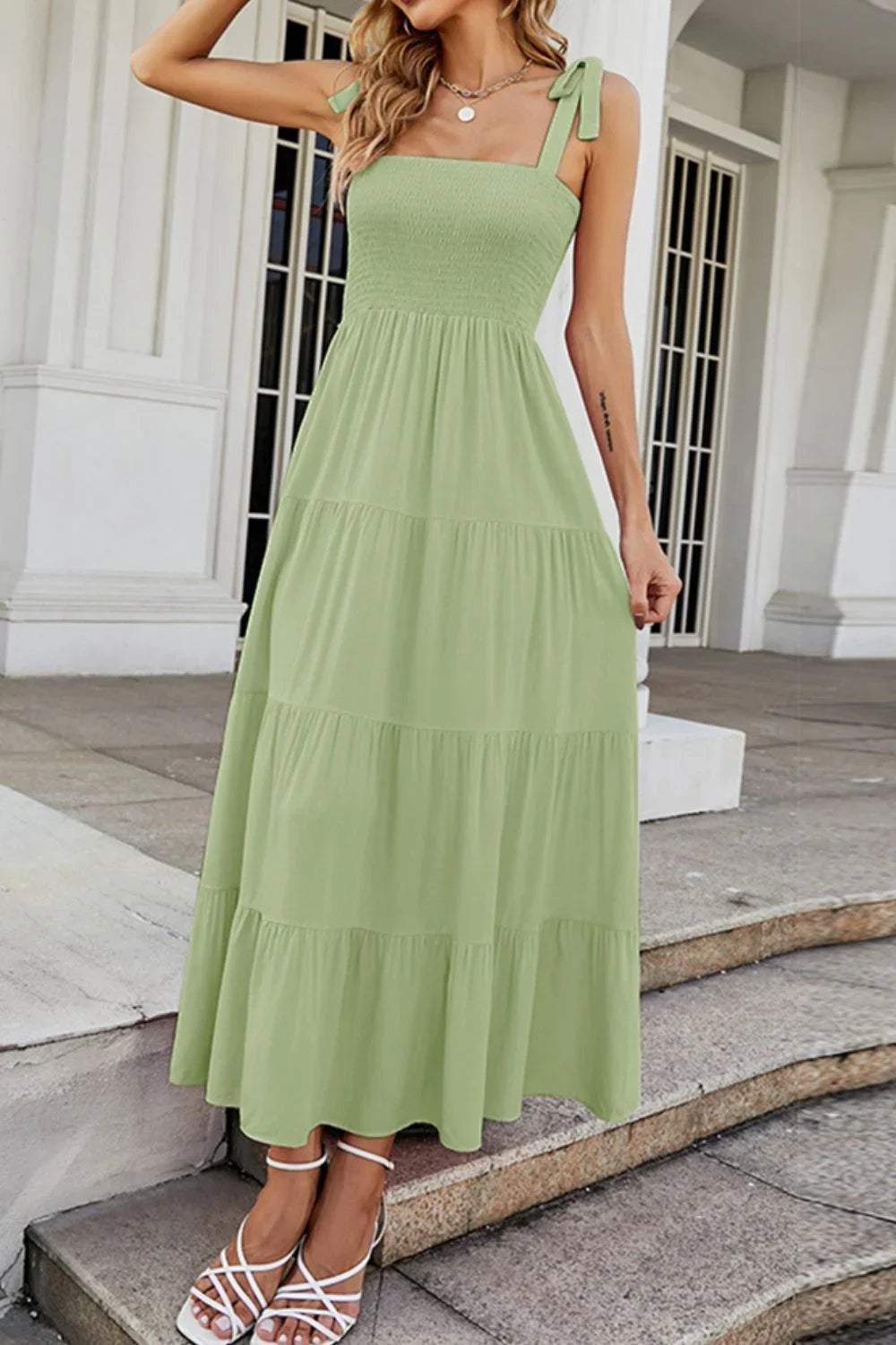 Tie Shoulder Smocked Tiered Maxi Dress Casual - Southern Shores Clothing