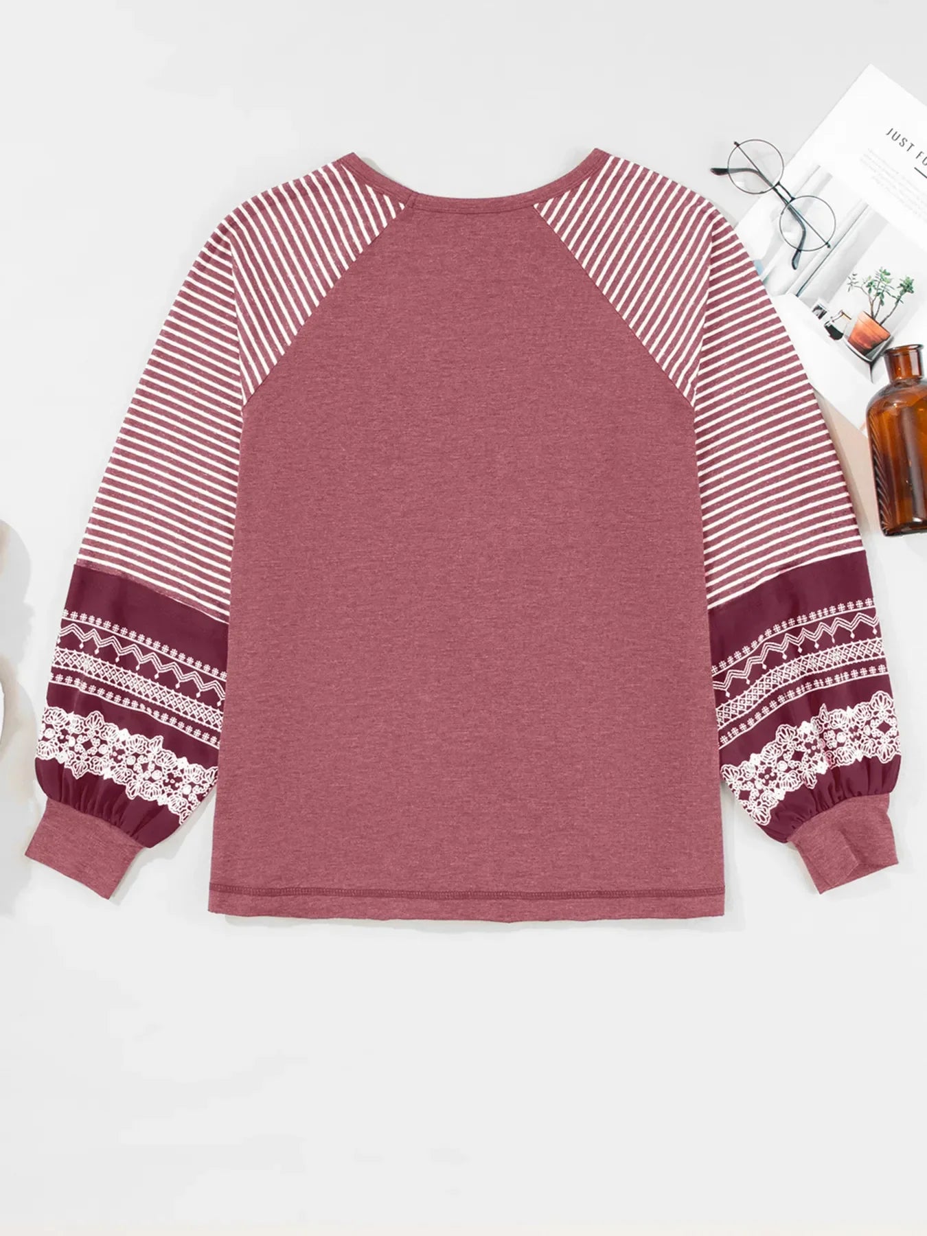 Contrast Print Striped Raglan Long Sleeve Loose Top - Southern Shores Clothing