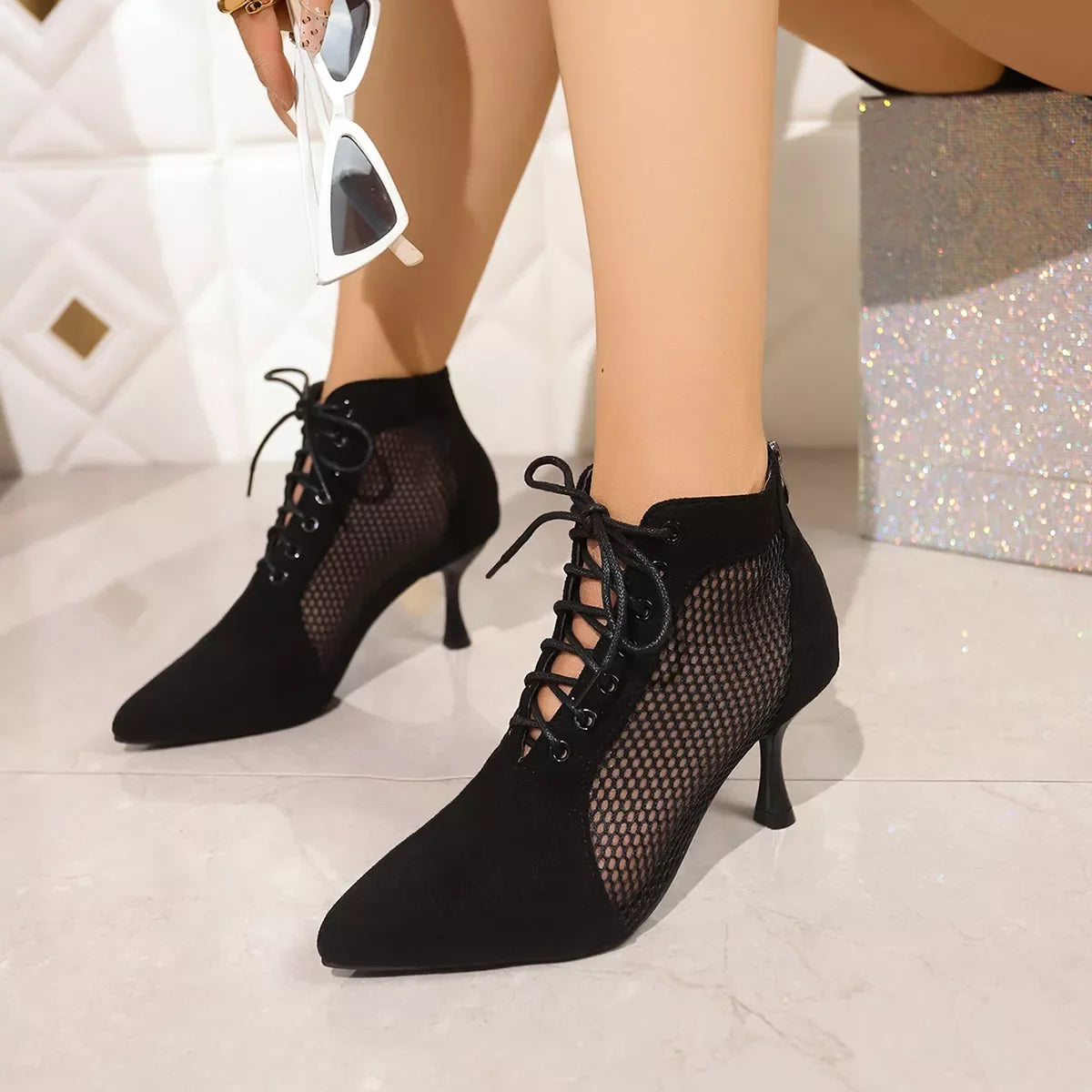 Point Toe Stiletto Pumps With Mesh Leather - Southern Shores Clothing