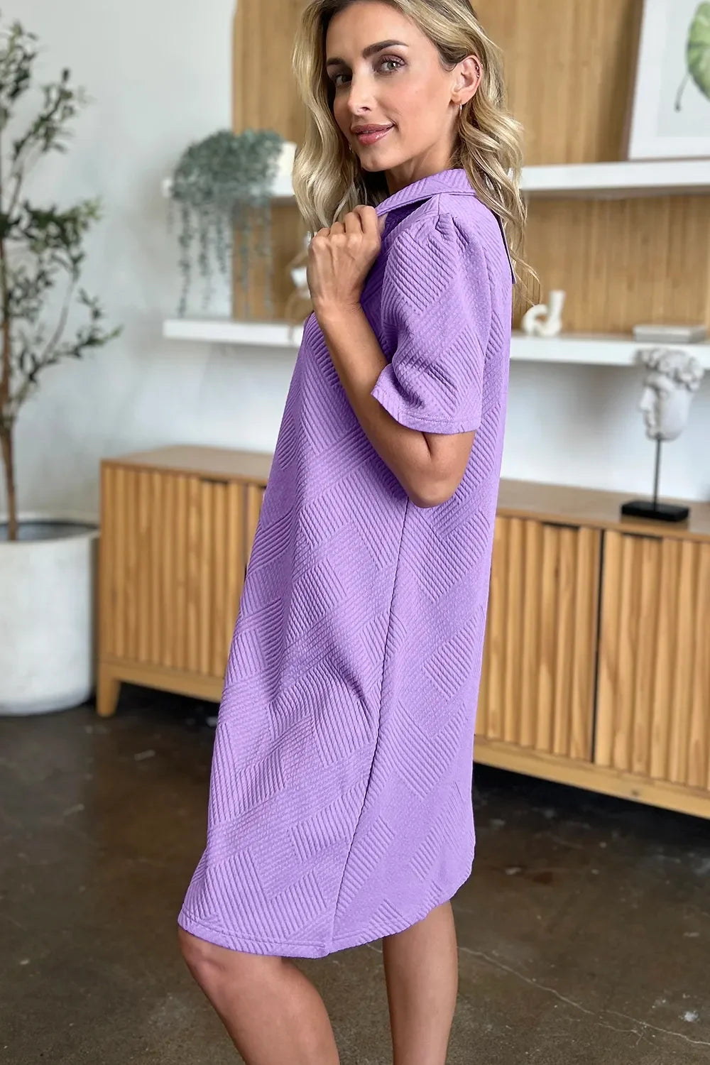 Textured Collared Neck Short Sleeve Dress - Southern Shores Clothing