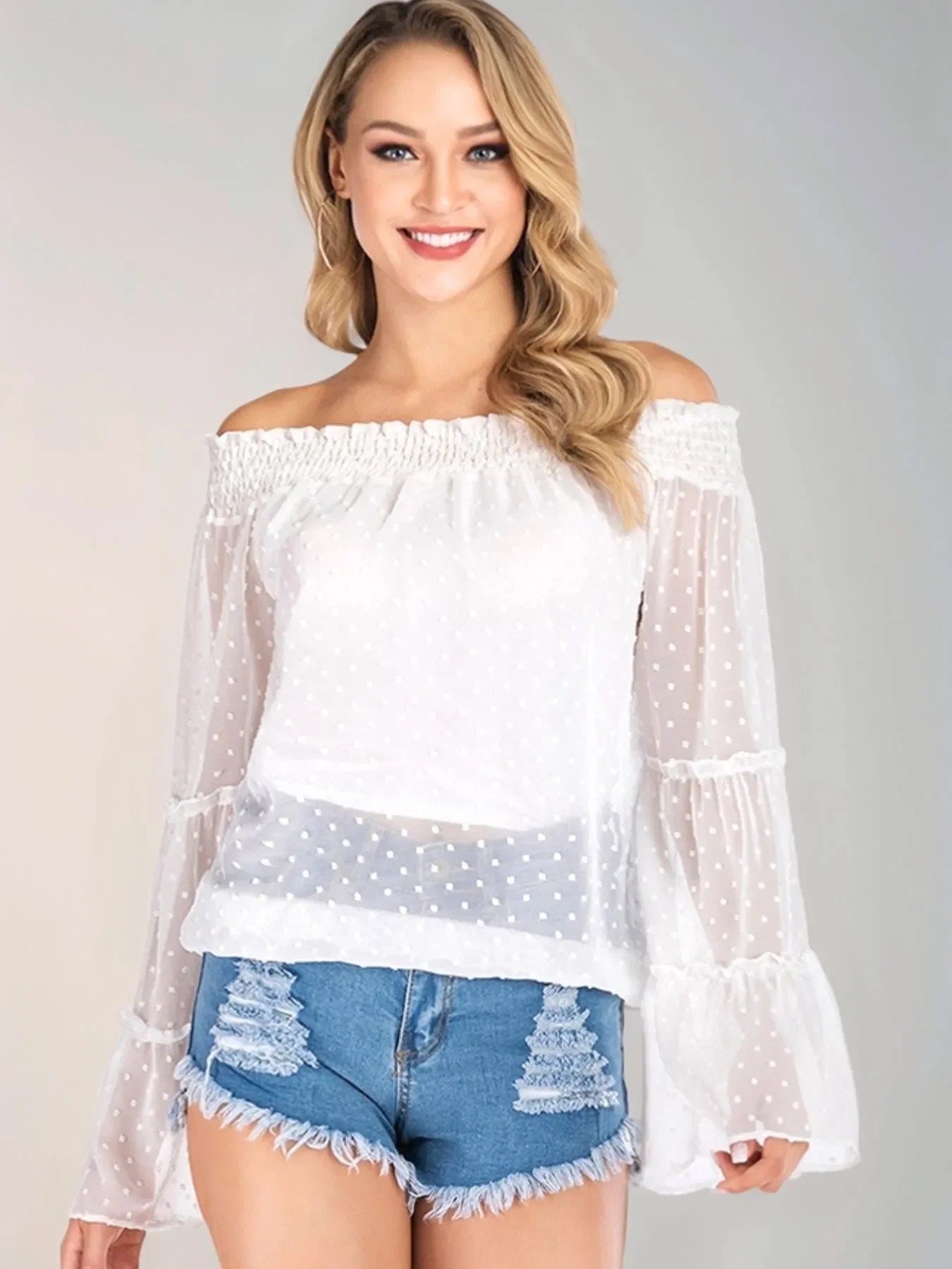 Southern Shores Clothing Feminine Swiss Dot Off-Shoulder Smocked Tiered Frill Sheer Blouse - Southern Shores Clothing