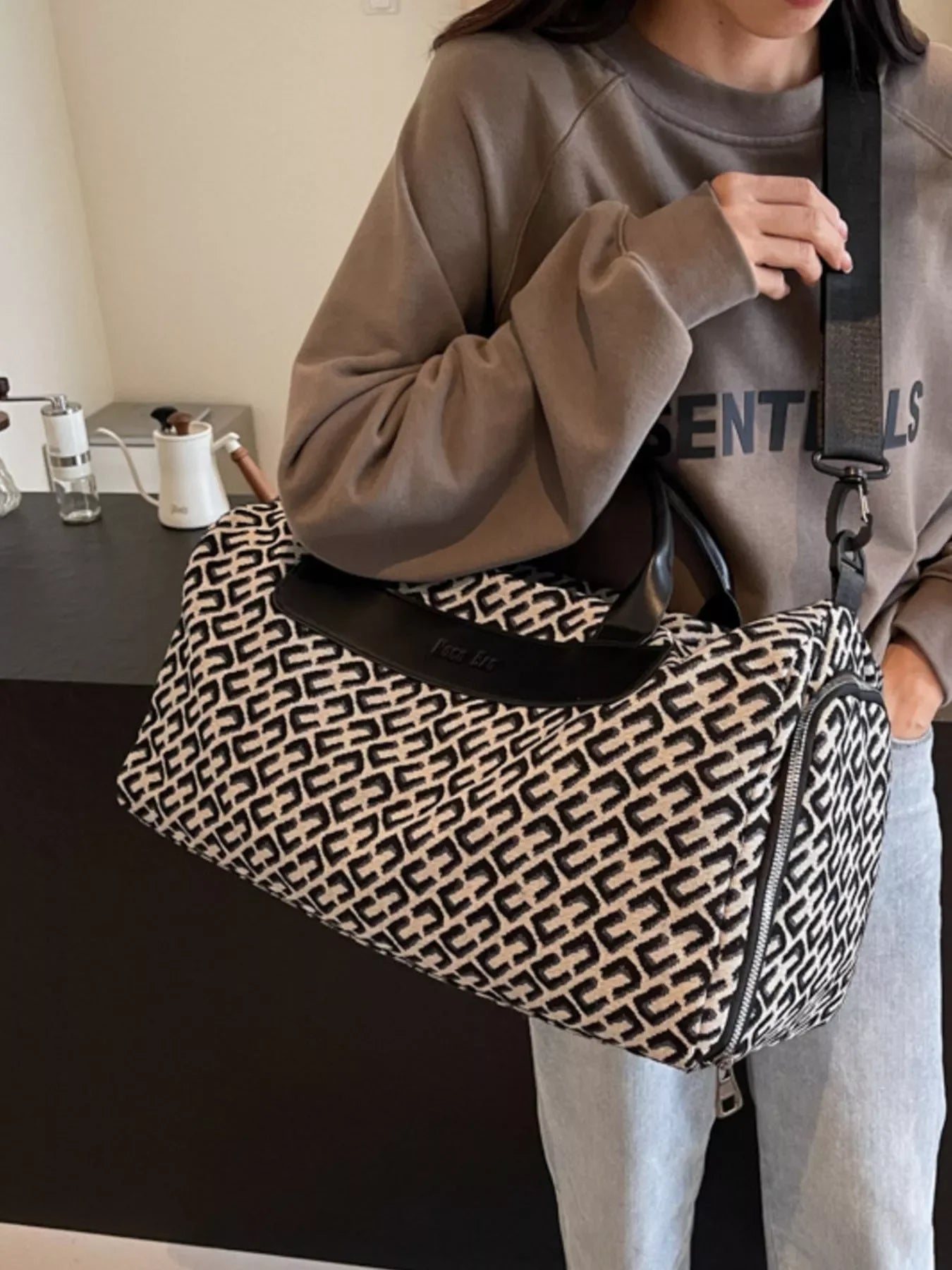 Geometric Canvas Travel Duffel Bag With Leather Accents - Southern Shores Clothing
