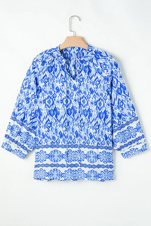 Printed Tie Neck Three Quarter Sleeve Blouse - Southern Shores Clothing