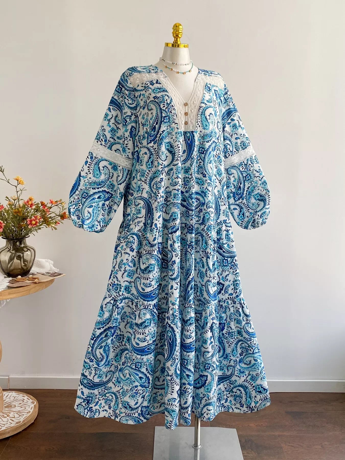 Bohemian Paisley Print V-Neck Dress With Lace And Button - Southern Shores Clothing