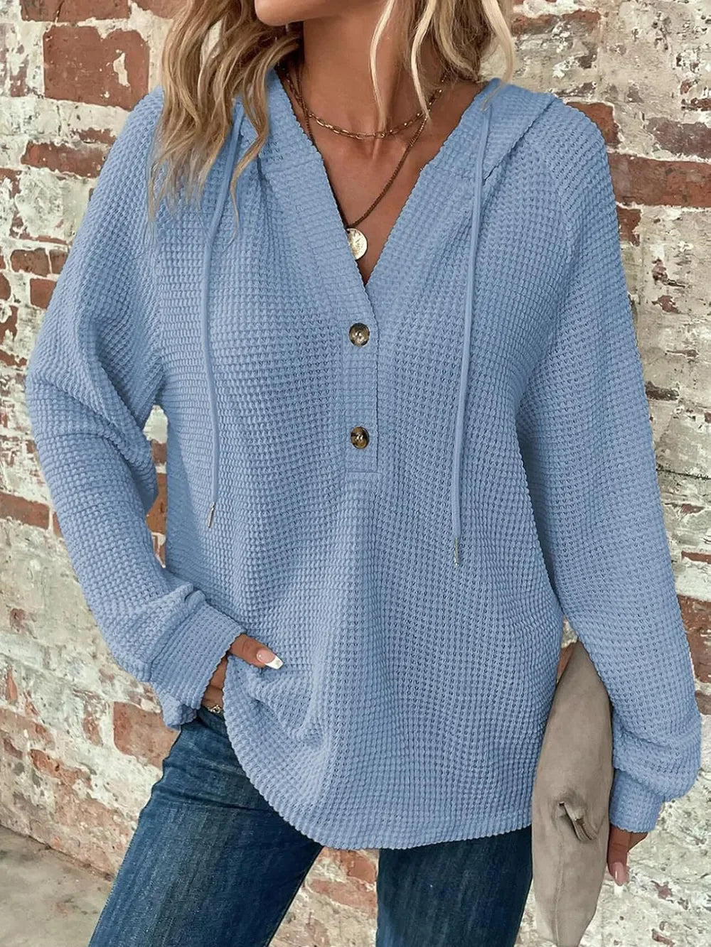 Waffle Knit Long Sleeve Drawstring Hooded Top - Southern Shores Clothing