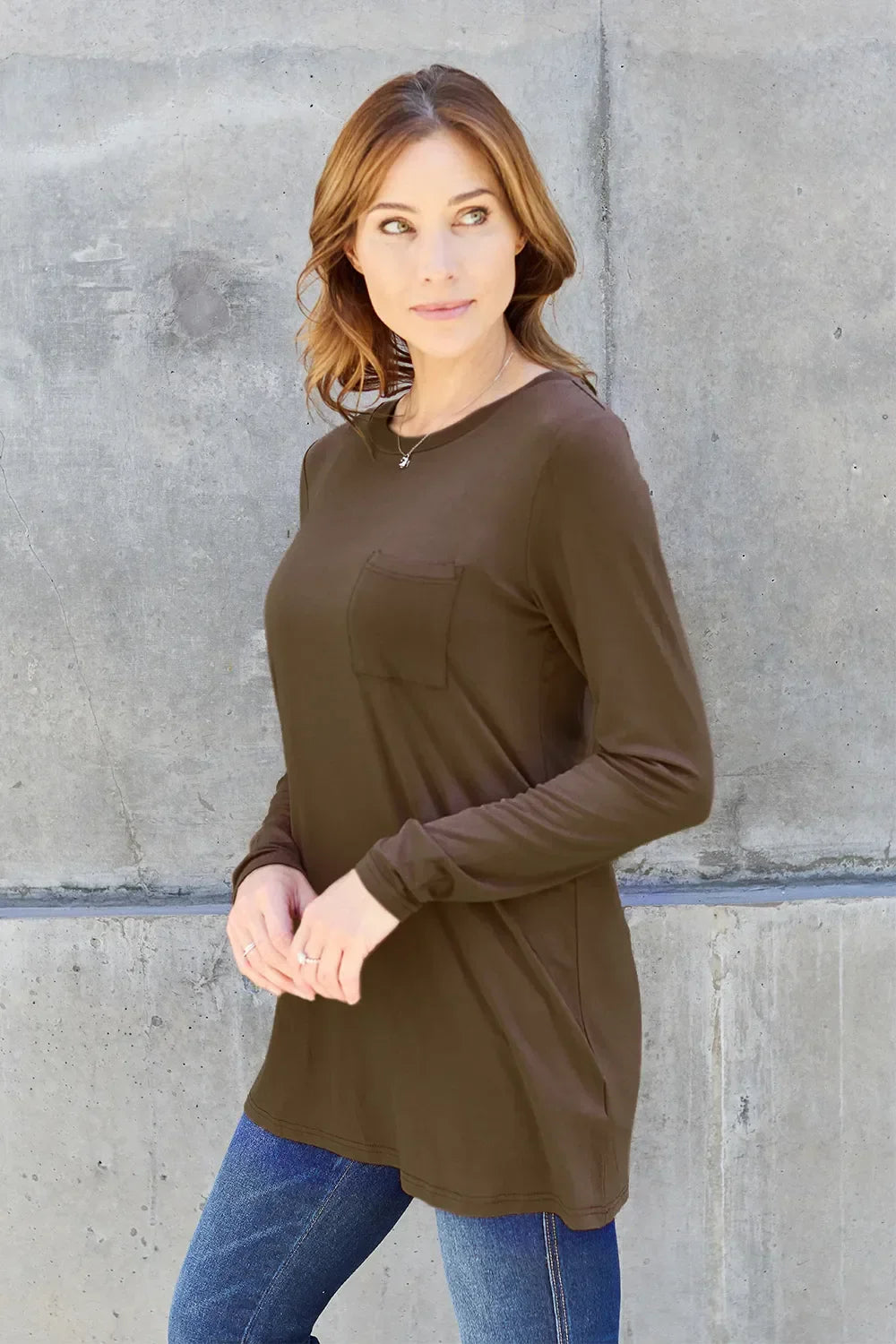 Round Neck Long Sleeve Top With Pockets Classic - Southern Shores Clothing
