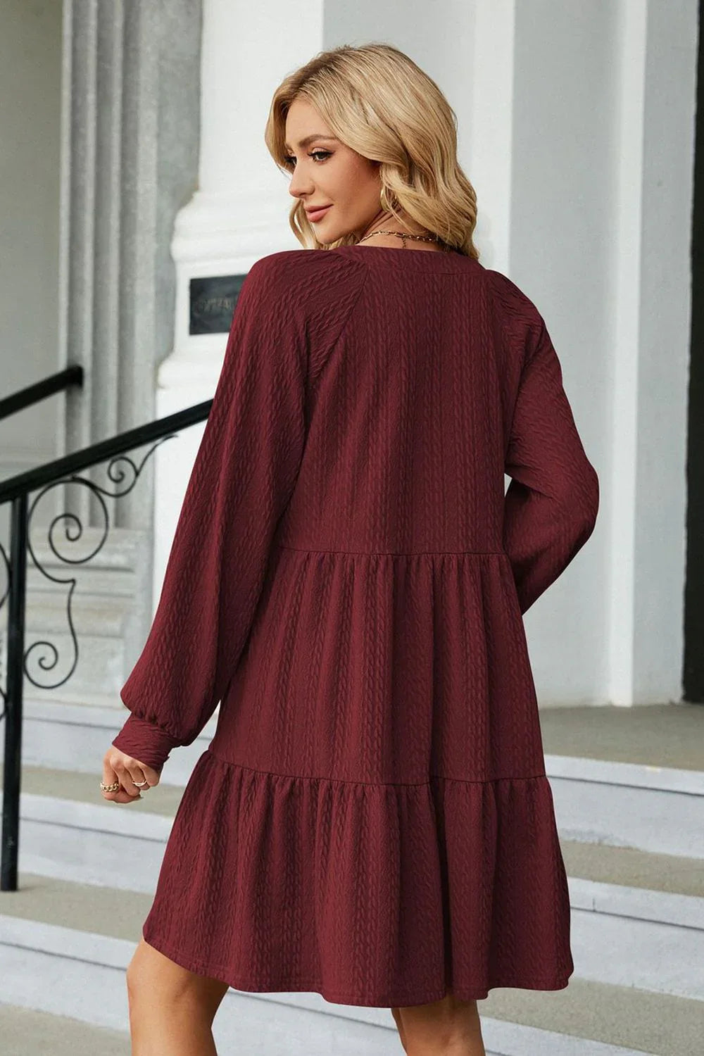 Notched Neck Long Sleeve Mini Dress - Southern Shores Clothing