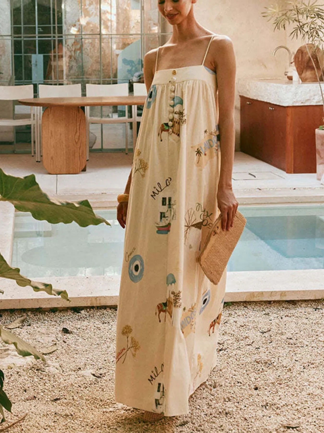 Bohemian Print Cami Maxi Dress With Pockets And Delicate Straps - Southern Shores Clothing