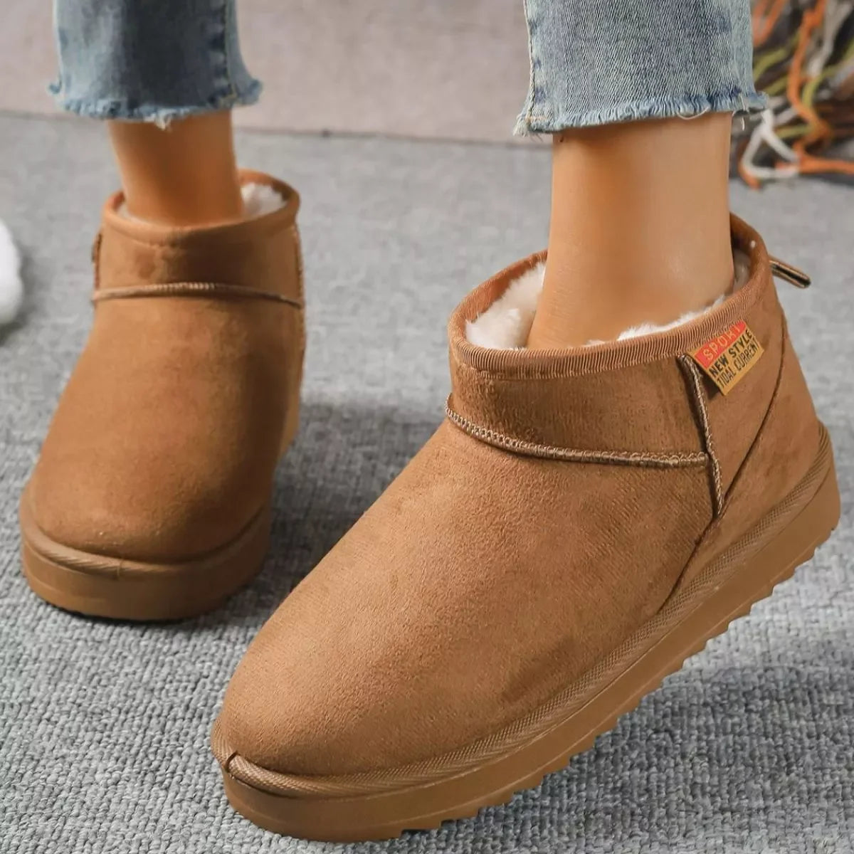 Suede Round Toe Platform Boots Flat Heel Rubber Sole