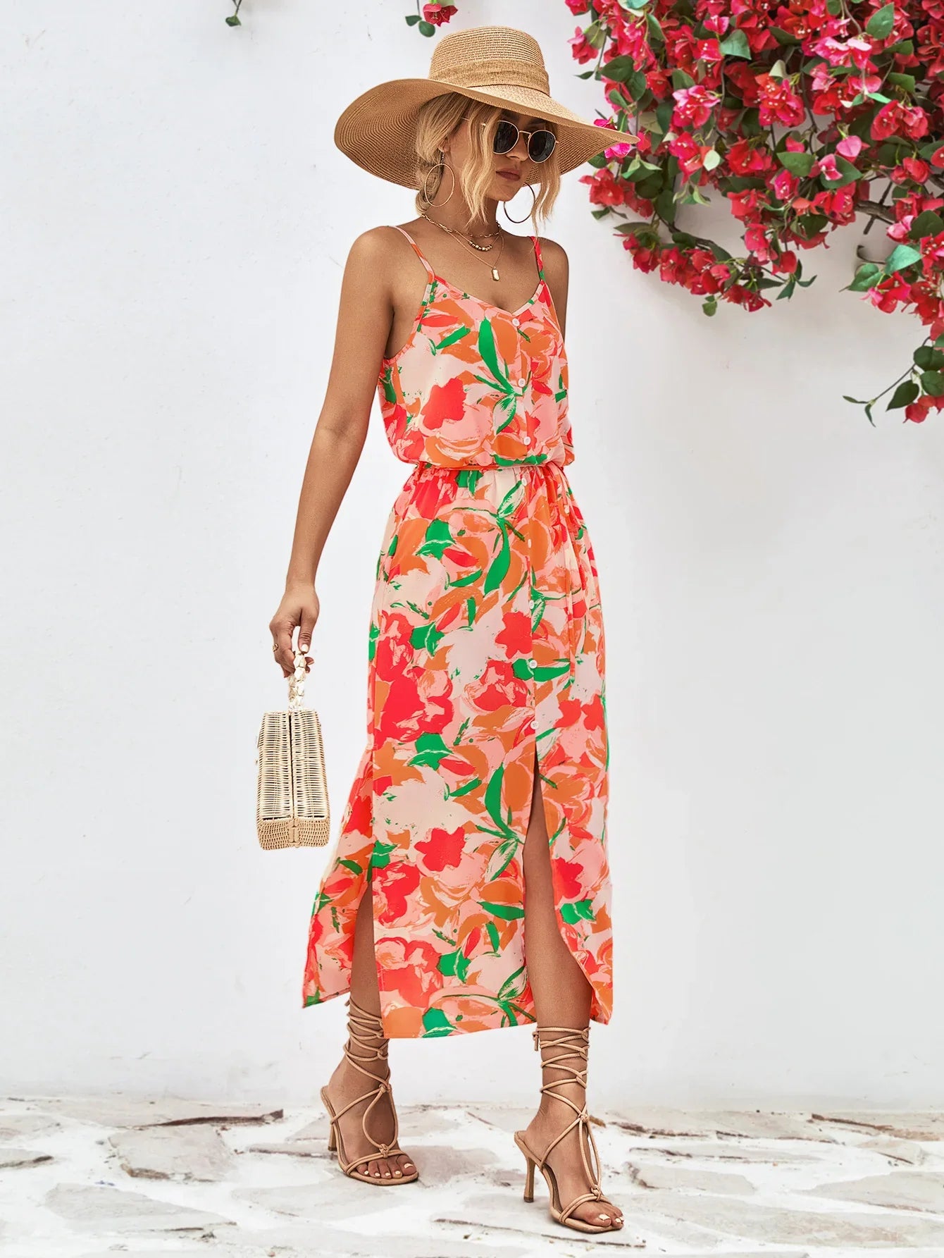 Printed Spaghetti Strap Front Slit Dress - Southern Shores Clothing