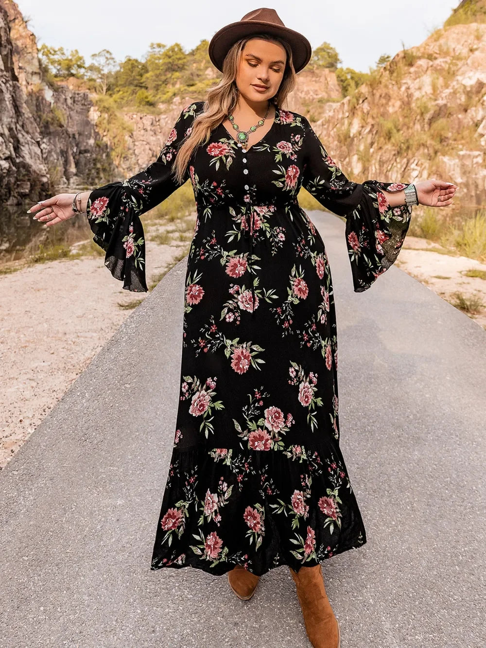 Plus Size Floral Flare Sleeve Dress - Southern Shores Clothing