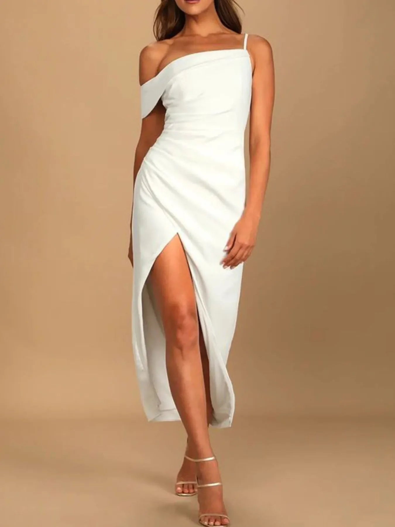 Split Asymmetrical Neck Midi Dress With Slit - Southern Shores Clothing