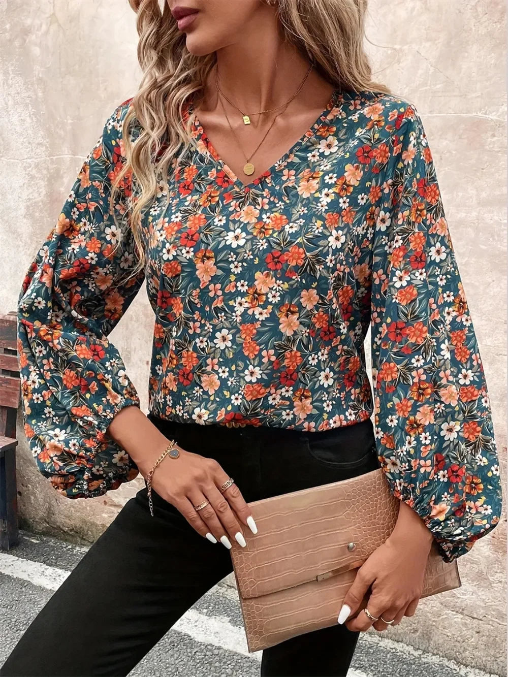 Printed V-Neck Balloon Sleeve Casual Blouse - Southern Shores Clothing