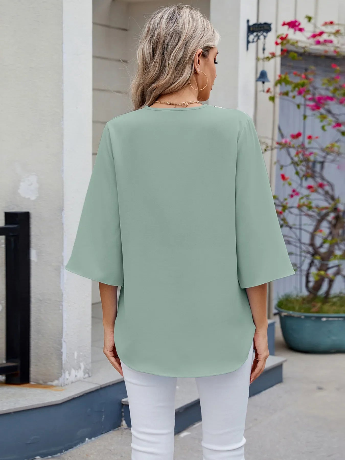 V-Neck Lace Trim Blouse With Rayon Blend And Spade Design - Southern Shores Clothing