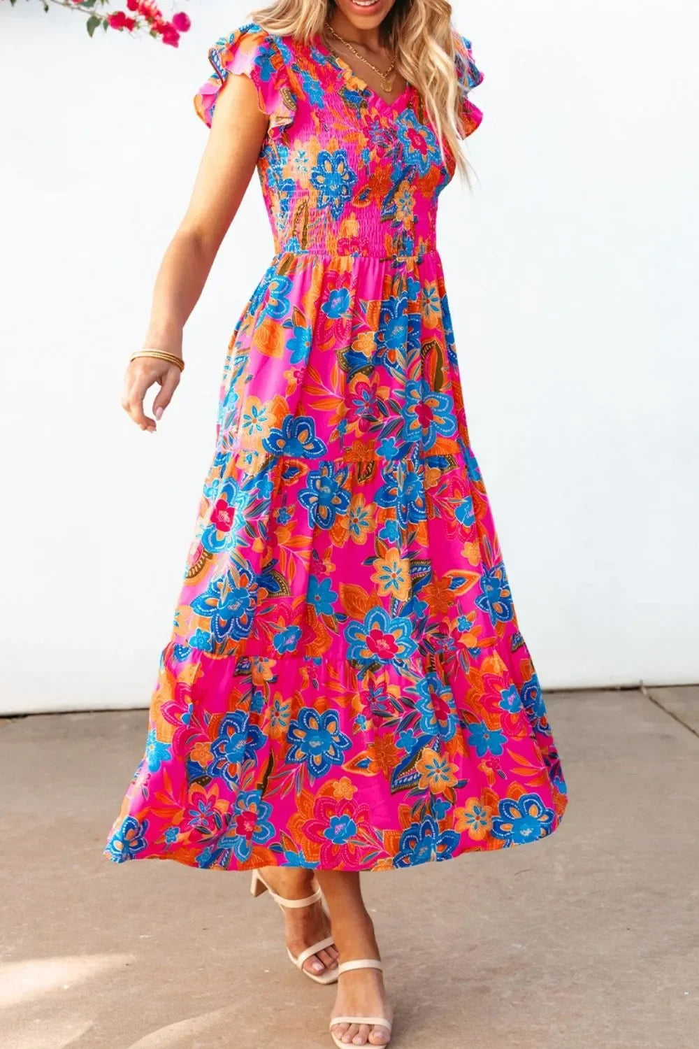 Boho Floral V-Neck Ruffle Tiered Flutter Sleeve Maxi Dress - Southern Shores Clothing