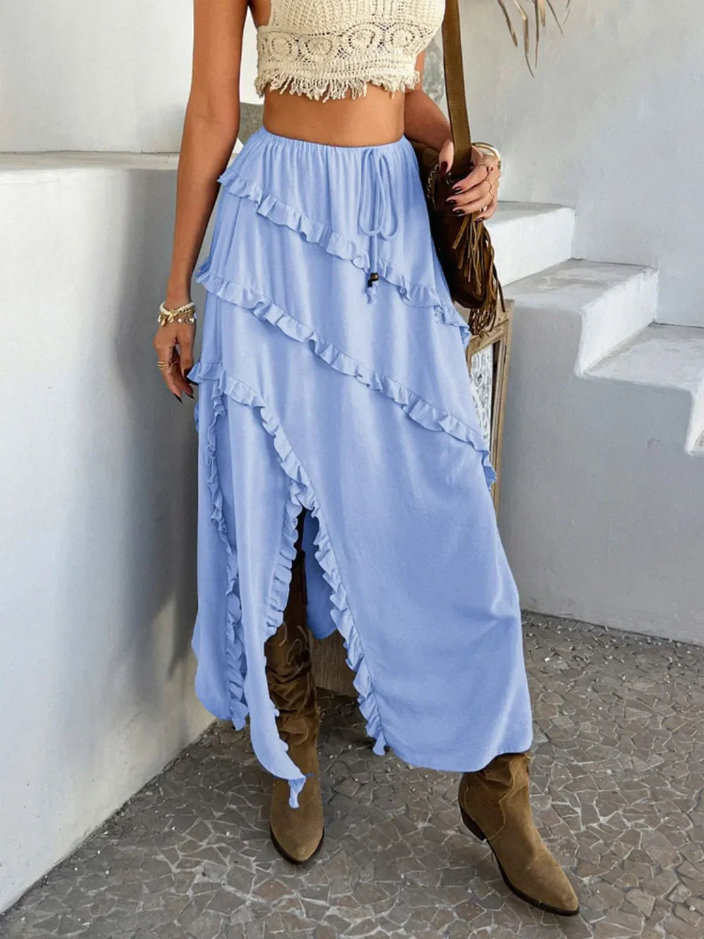 Slit Drawstring Ruffled Skirt With Adjustable Drawstring - Southern Shores Clothing