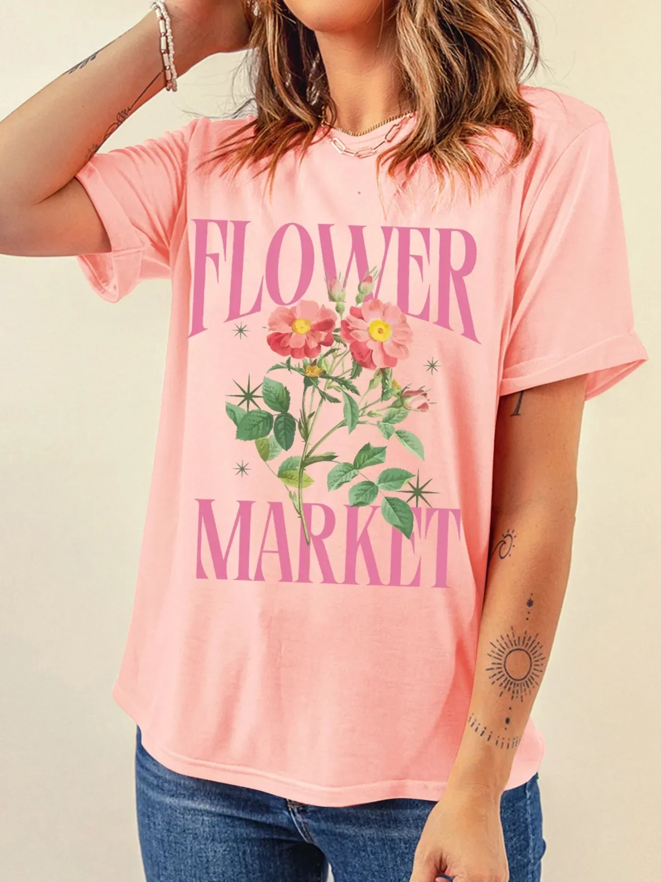 Flower Market Graphic Crewneck T Shirt With Stretch Fabric - Southern Shores Clothing