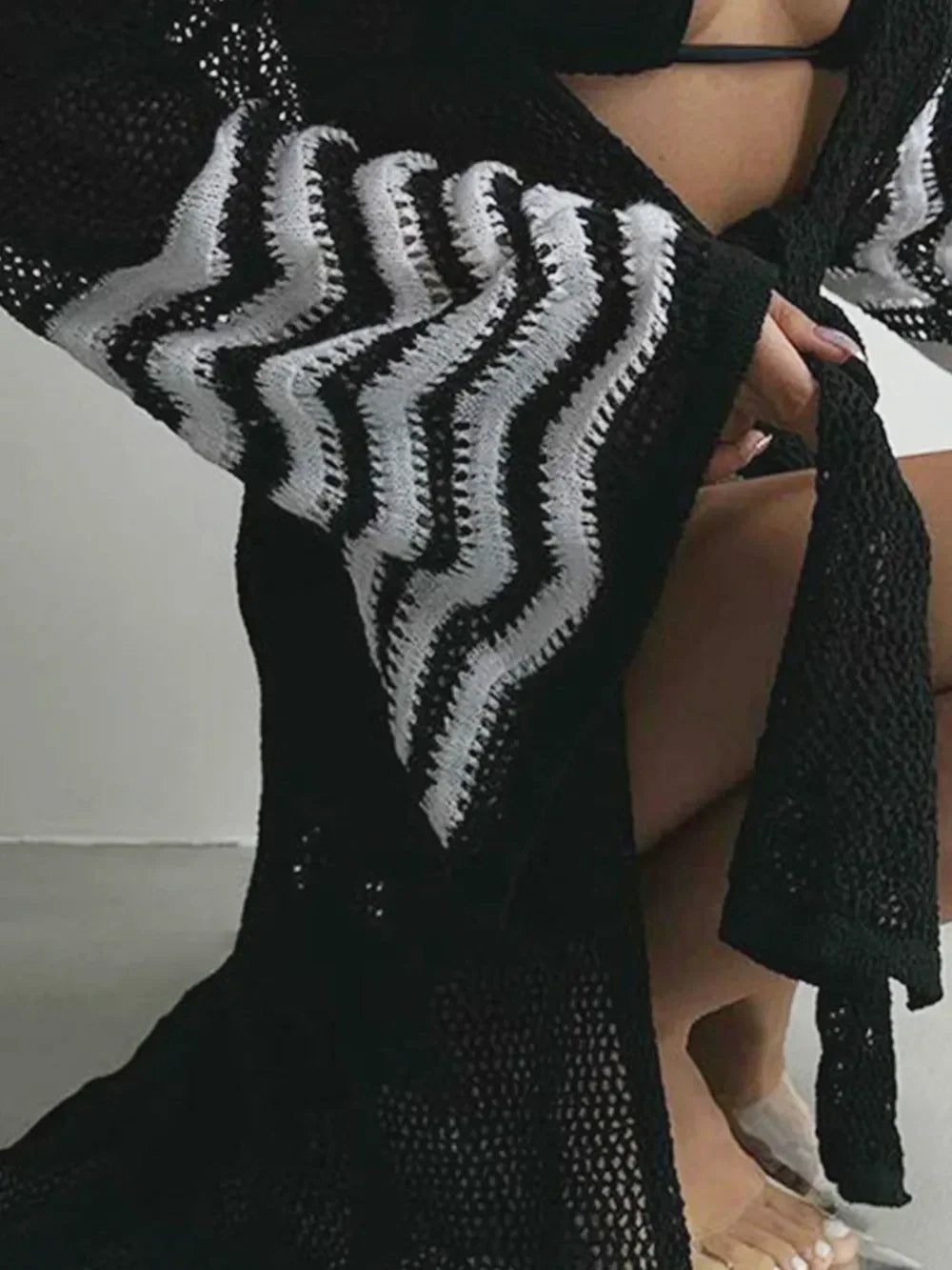 Openwork Striped Flare Sleeve Beach Cover Up - Southern Shores Clothing
