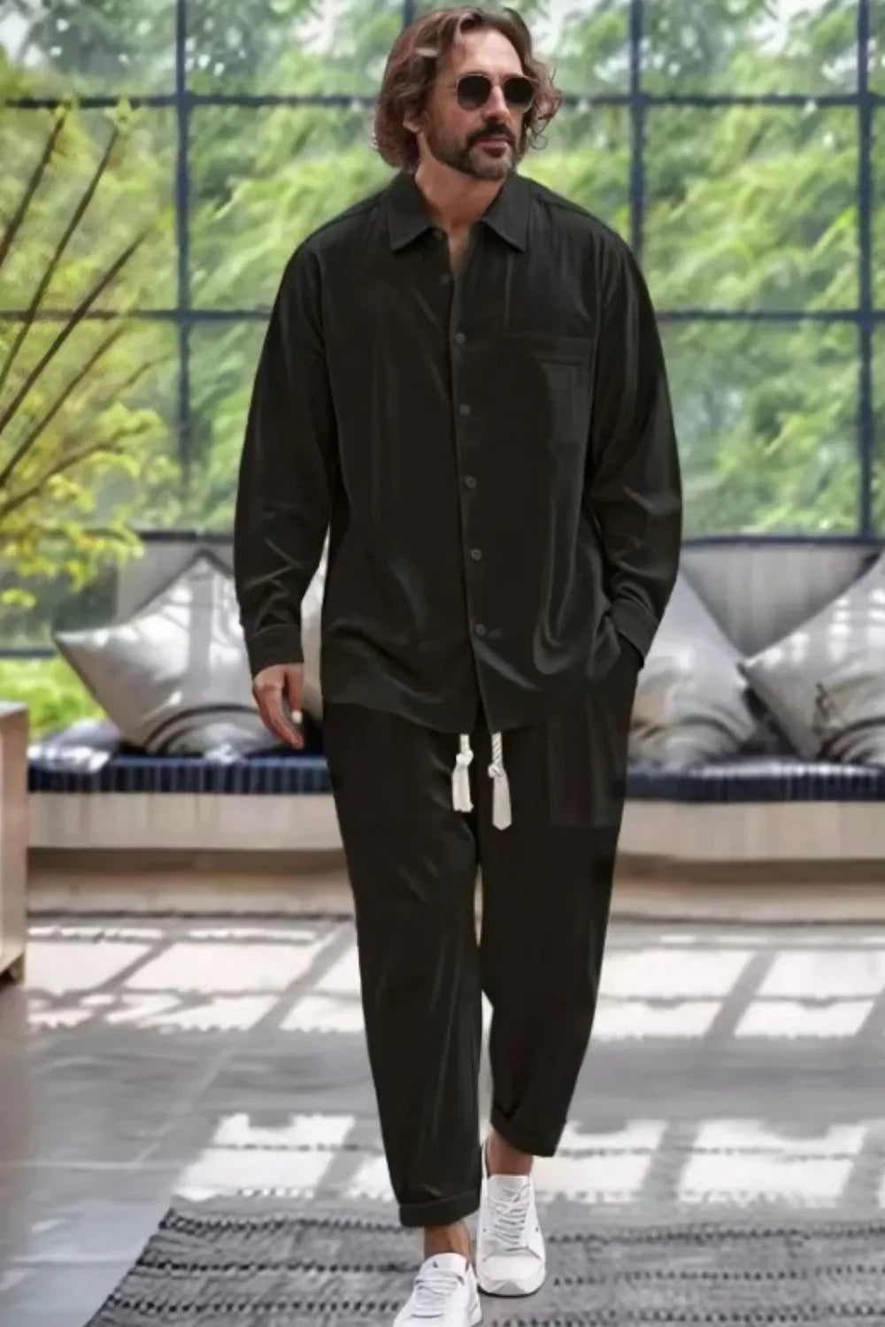Men's Collared Neck Long Sleeve Top and Pants Set Plus Size - Southern Shores Clothing