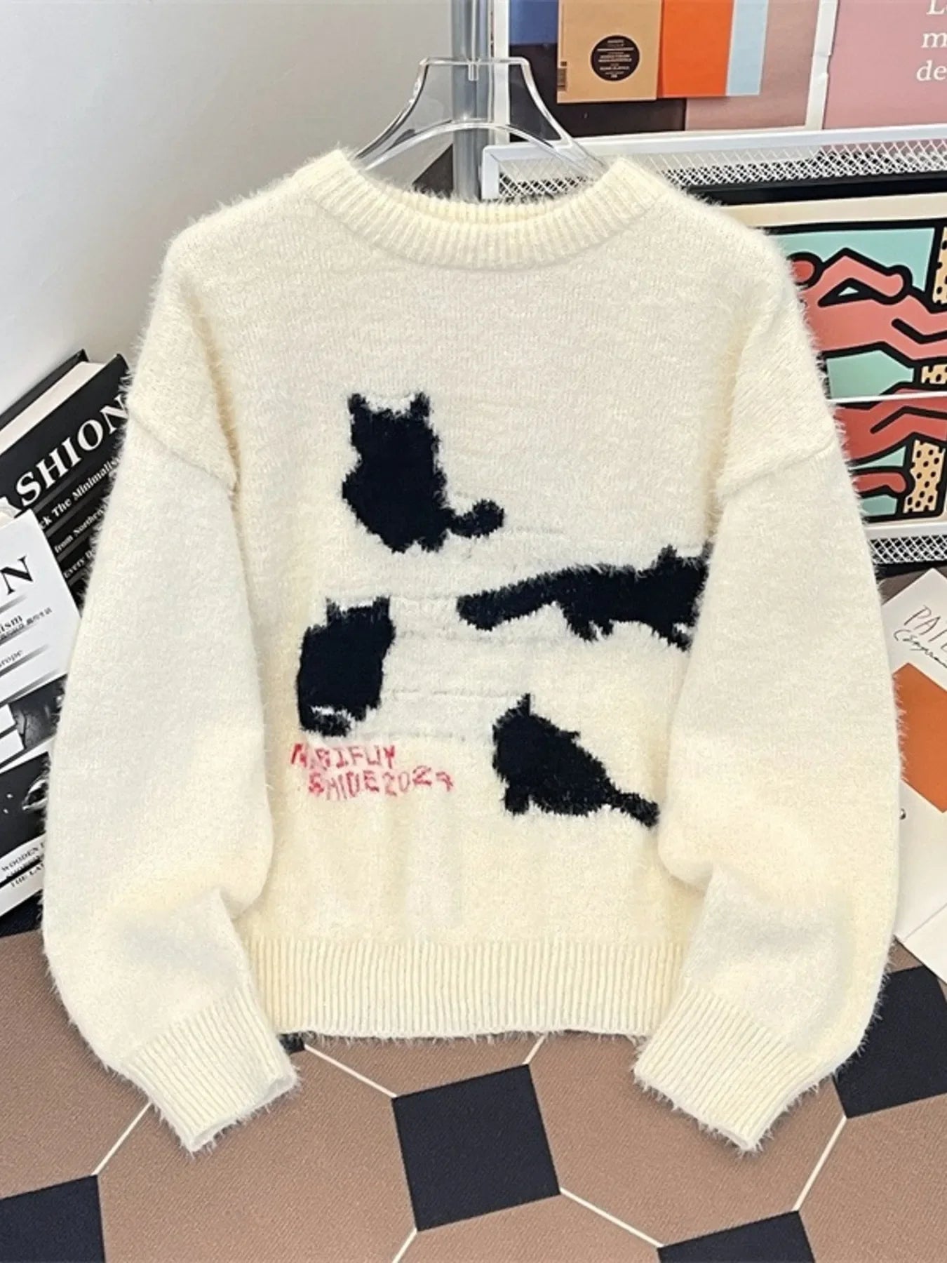 Fuzzy Knit Cat Pattern Pullover With Stretch - Southern Shores Clothing