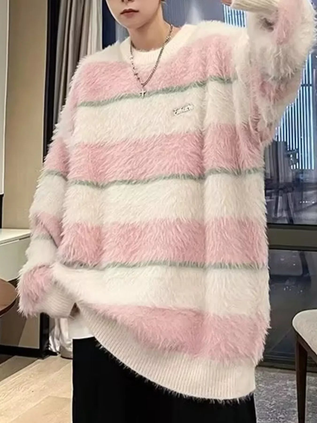 Oversized Striped Fuzzy Knit Pullover Cozy Coastal Sweater - Southern Shores Clothing