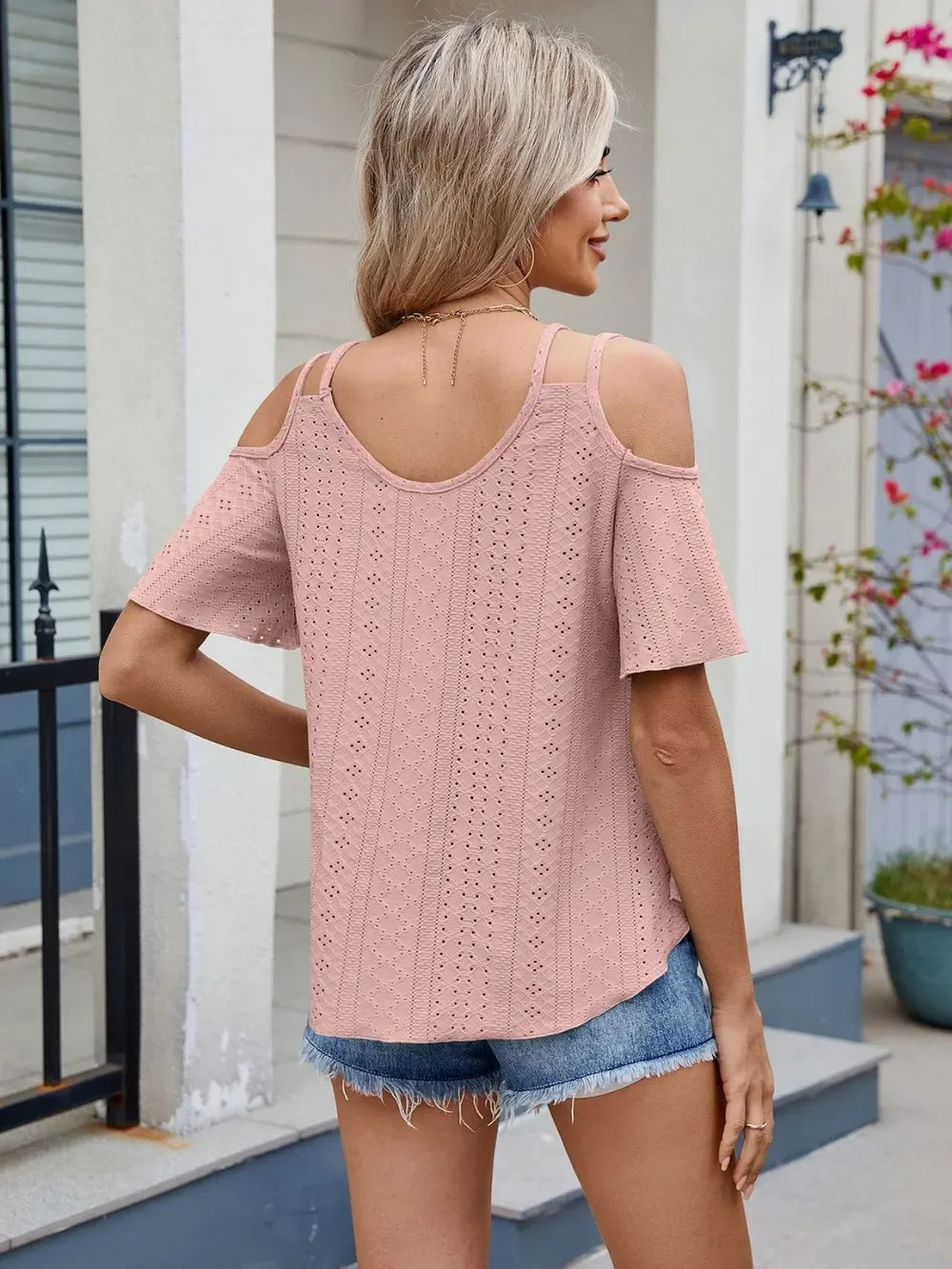 Florira Round Neck Cold Shoulder Eyelet T-Shirt - Southern Shores Clothing