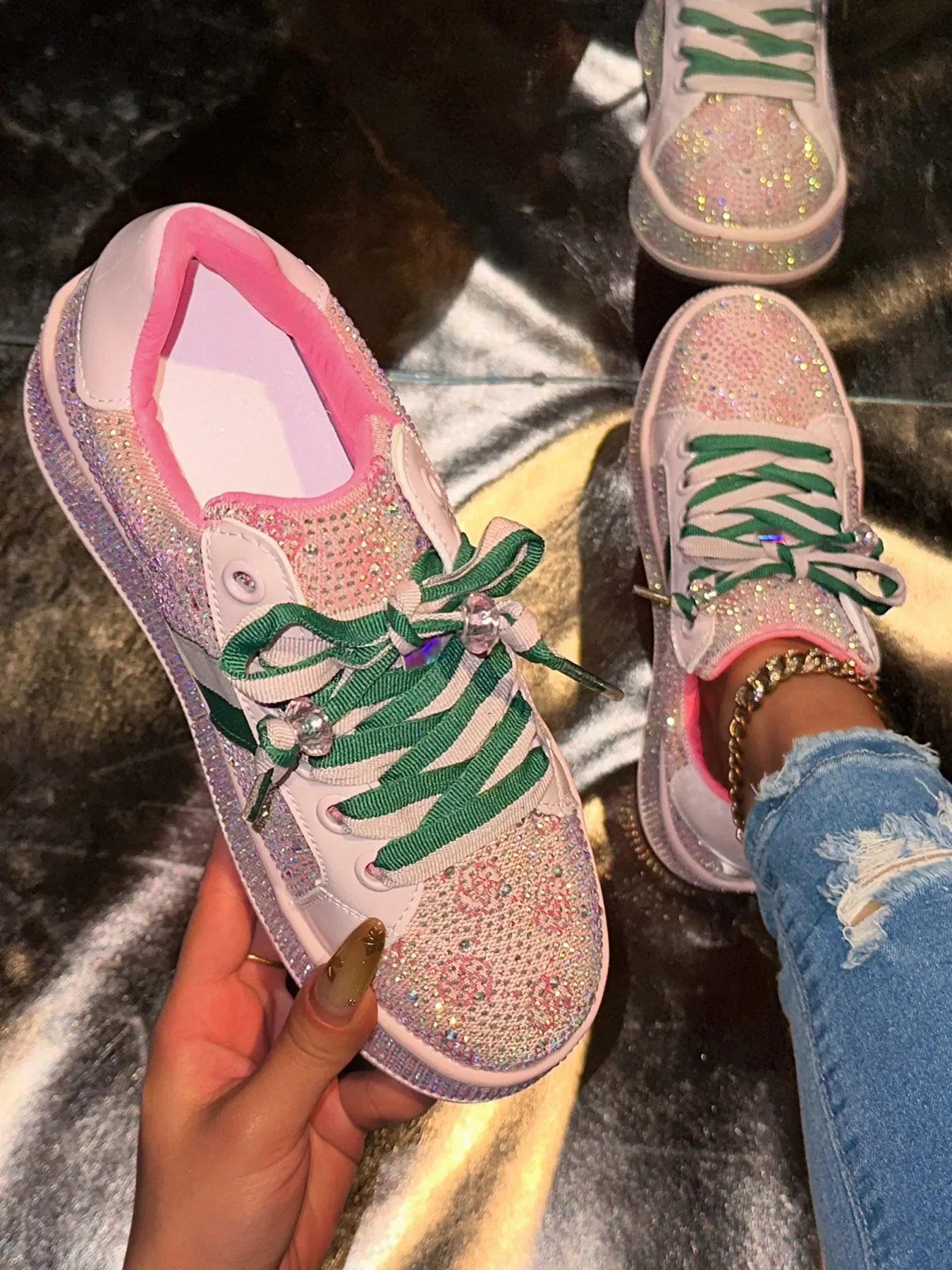 Rhinestone Round Toe Flat Sneakers Casual Comfort - Southern Shores Clothing