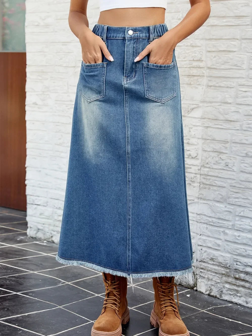 Raw Hem Denim Buttoned Skirt With Pockets - Southern Shores Clothing