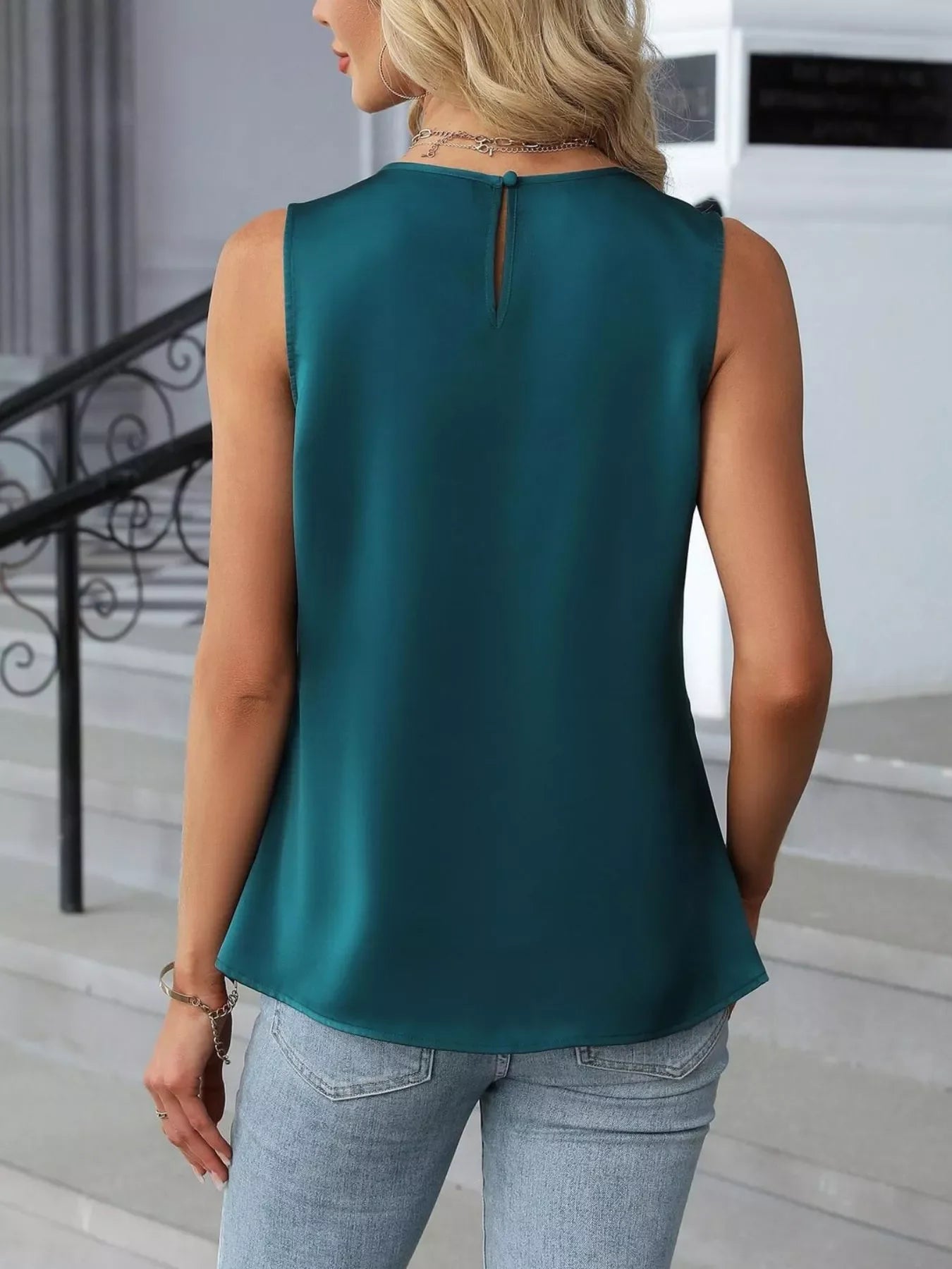 Pleated Round Neck Tank Top With Front Pleats And Buttoned Detail - Southern Shores Clothing