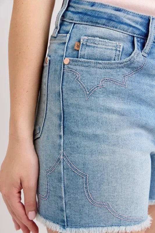 Plus Size High Waist Western Embroidered Cutoff Denim Shorts - Southern Shores Clothing