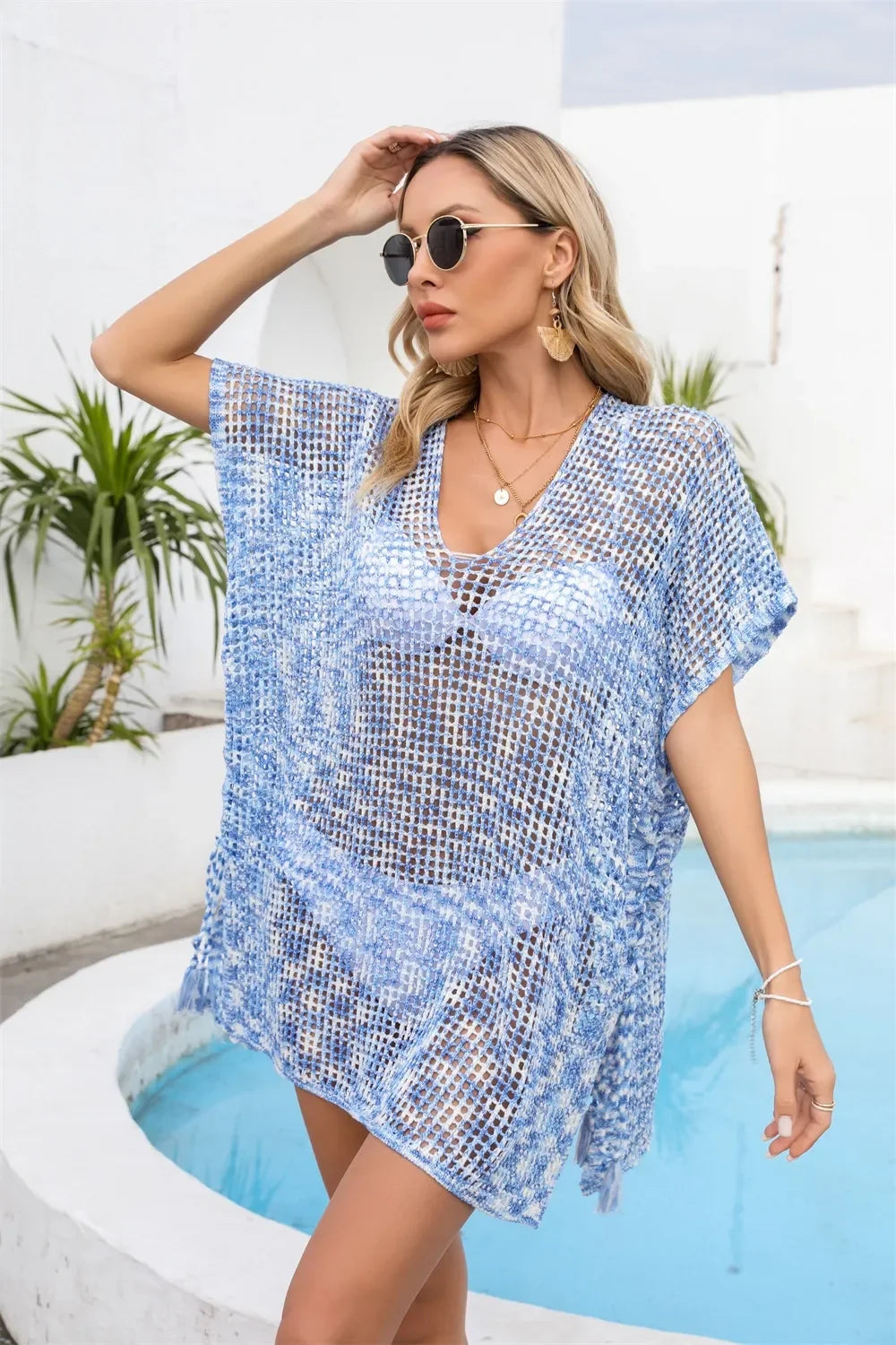 Openwork Slit V Neck Beach Cover Up One Size - Southern Shores Clothing