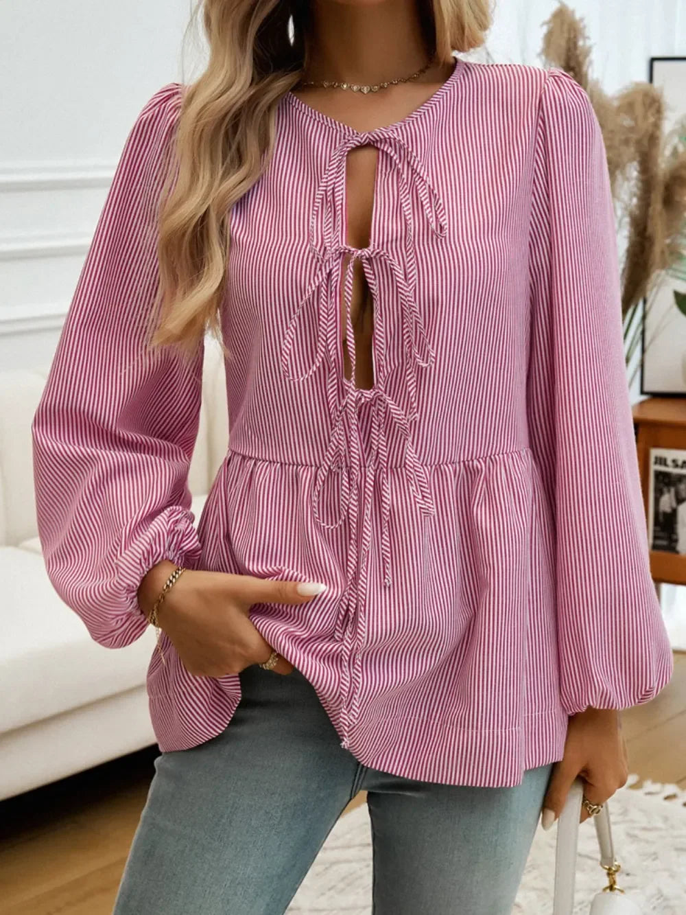 Tied Striped Long Sleeve Blouse For Everyday Wear - Southern Shores Clothing