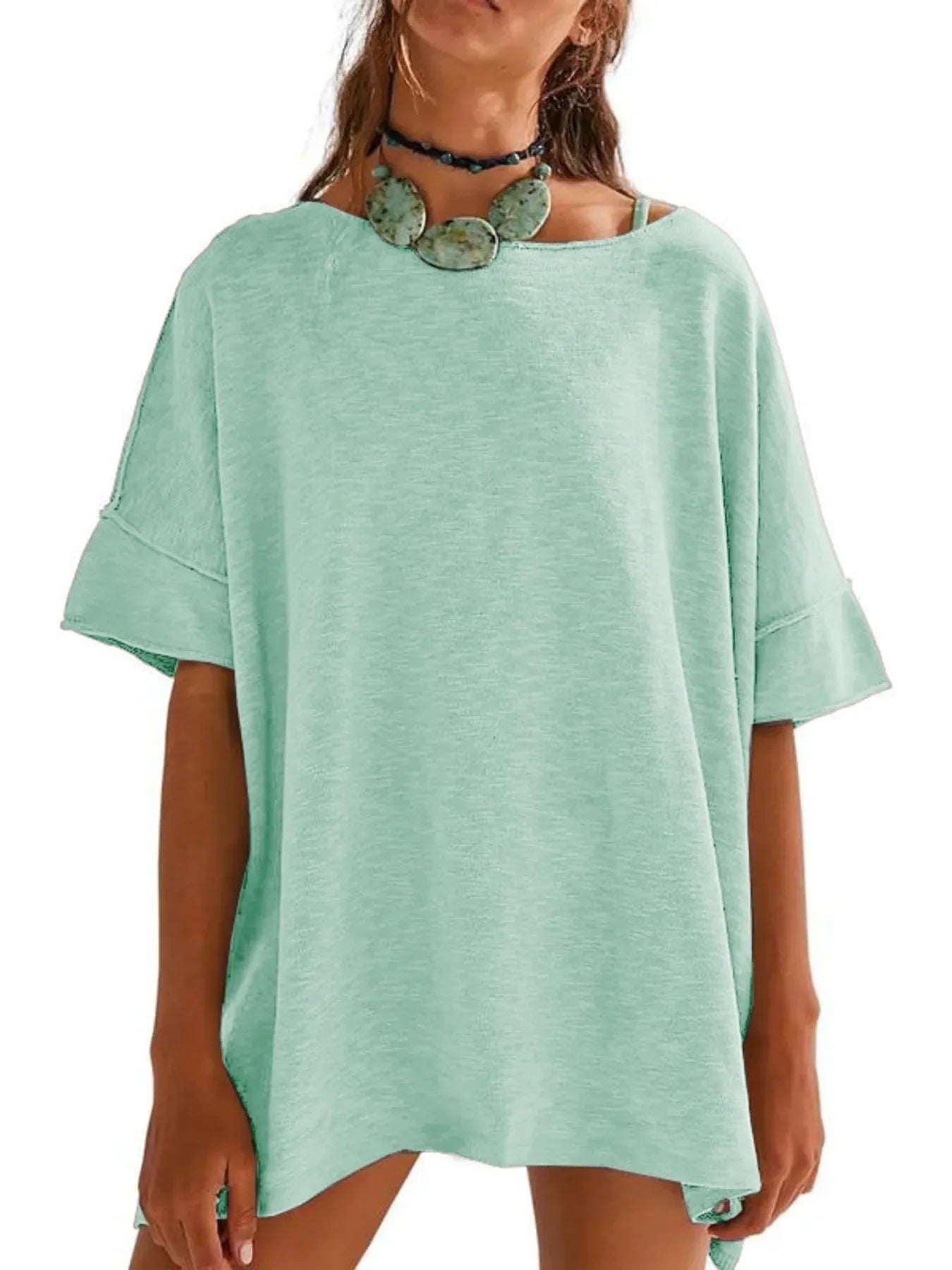 Oversized Round Neck Drop Shoulder Stretchy T Shirt - Southern Shores Clothing