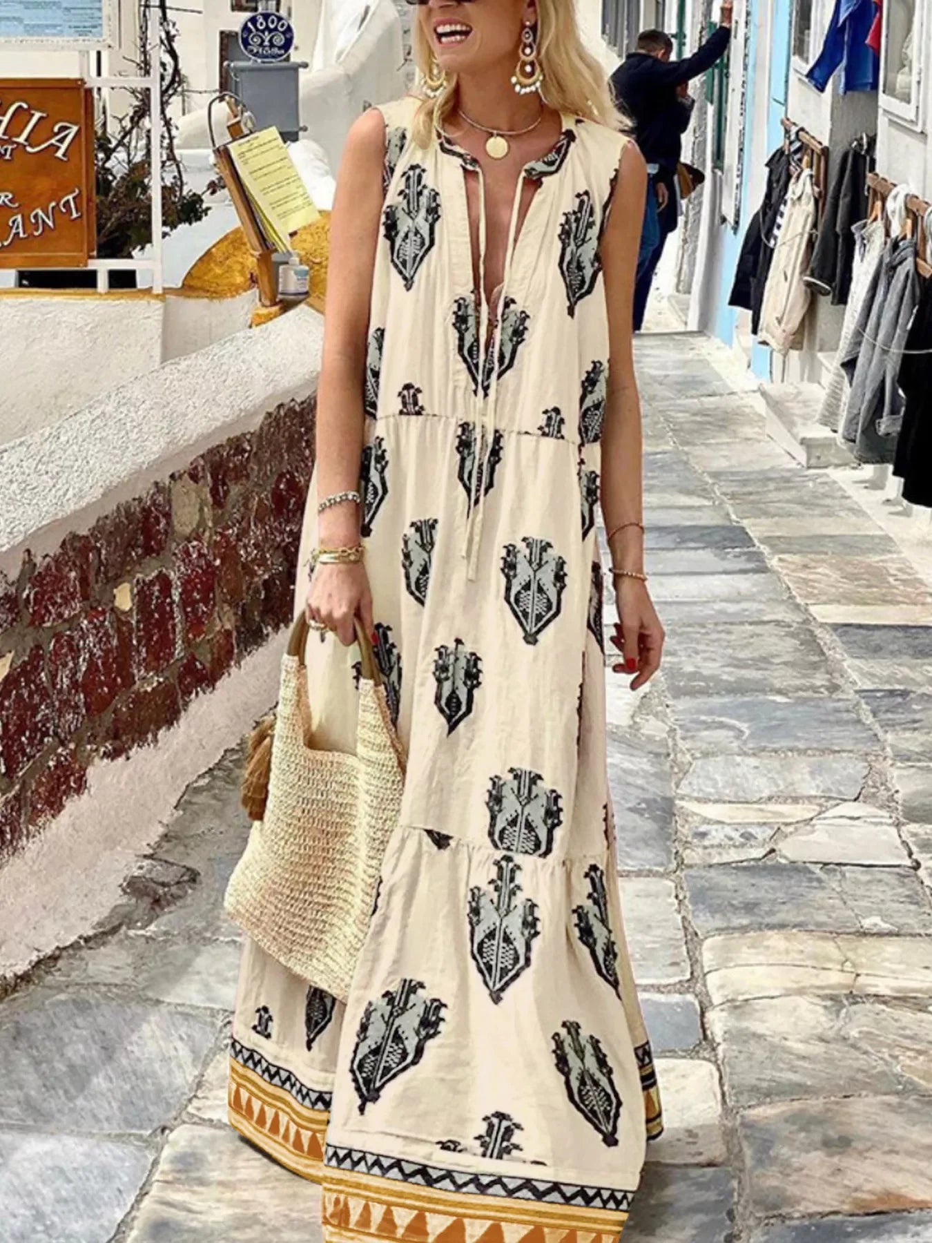Printed Sleeveless Maxi Dress With Tiered Skirt - Southern Shores Clothing