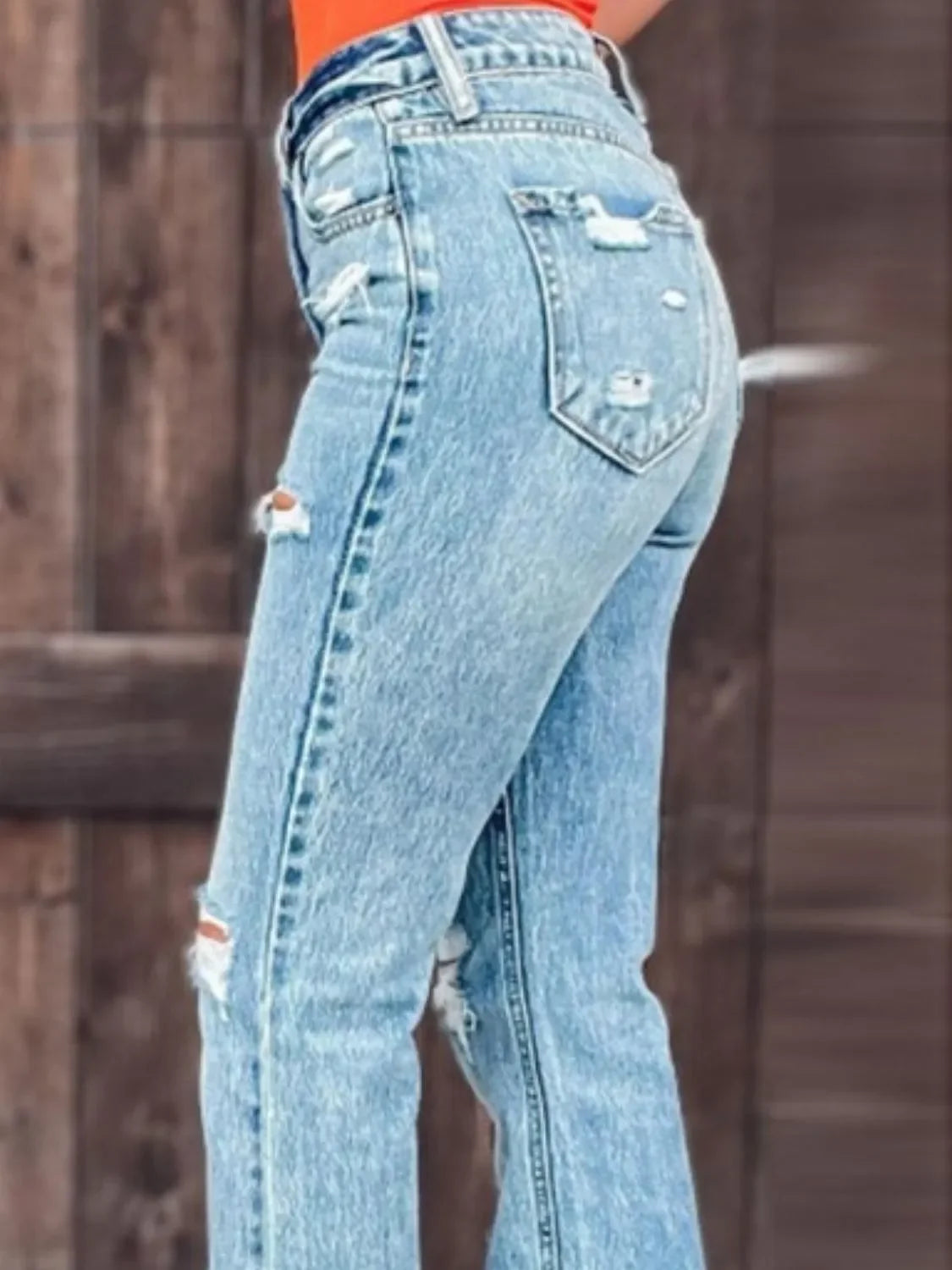 Stretch Denim Beach Inspired Distressed Slit Bootcut Jeans