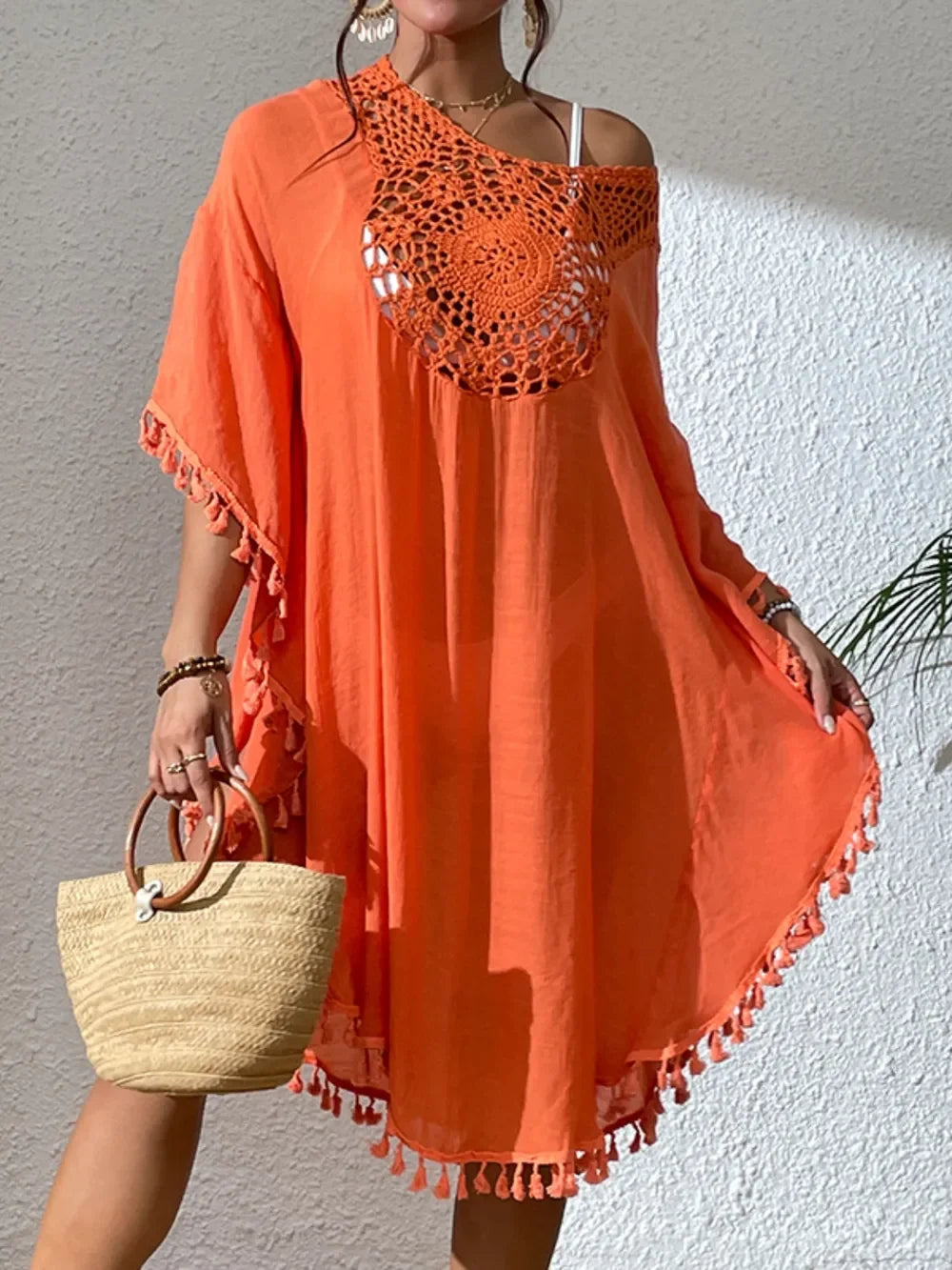 Tassel Cutout Scoop Neck Cover Up Dress One Size - Southern Shores Clothing
