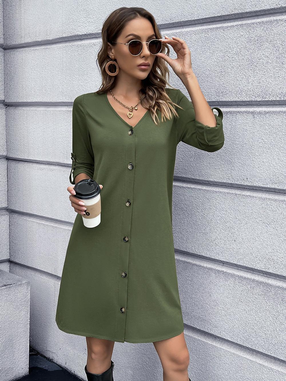 Casual Button Down V Neck Mini Dress Solid - Southern Shores Clothing