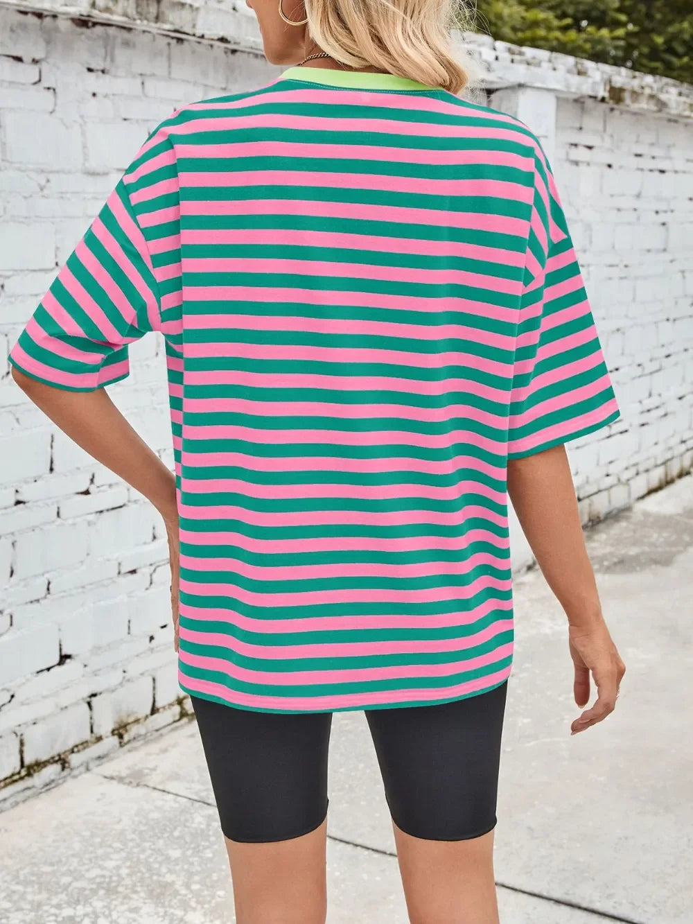 Striped Round Neck Half Sleeve Stretchy T Shirt - Southern Shores Clothing