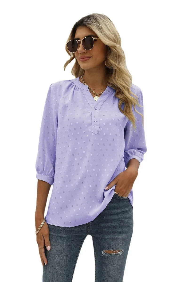 Swiss Dot Notched Neck Three-Quarter Sleeve Blouse - Southern Shores Clothing
