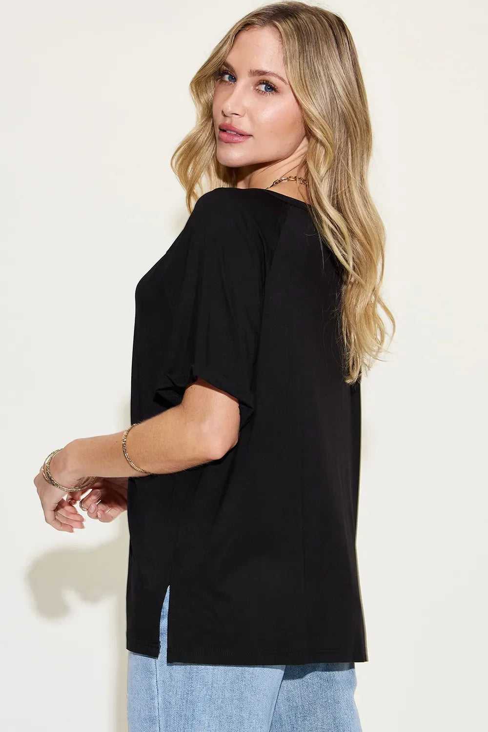 Basic Bae Full Size Bamboo Slit V-Neck Short Sleeve T-Shirt - Southern Shores Clothing
