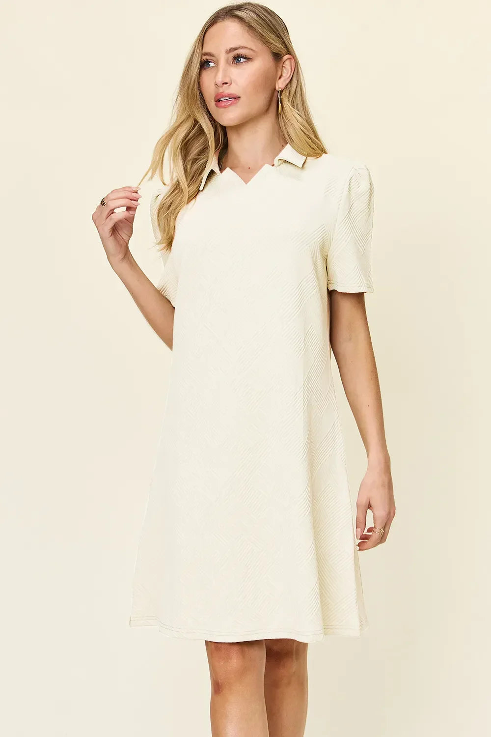 Textured Collared Neck Short Sleeve Dress - Southern Shores Clothing