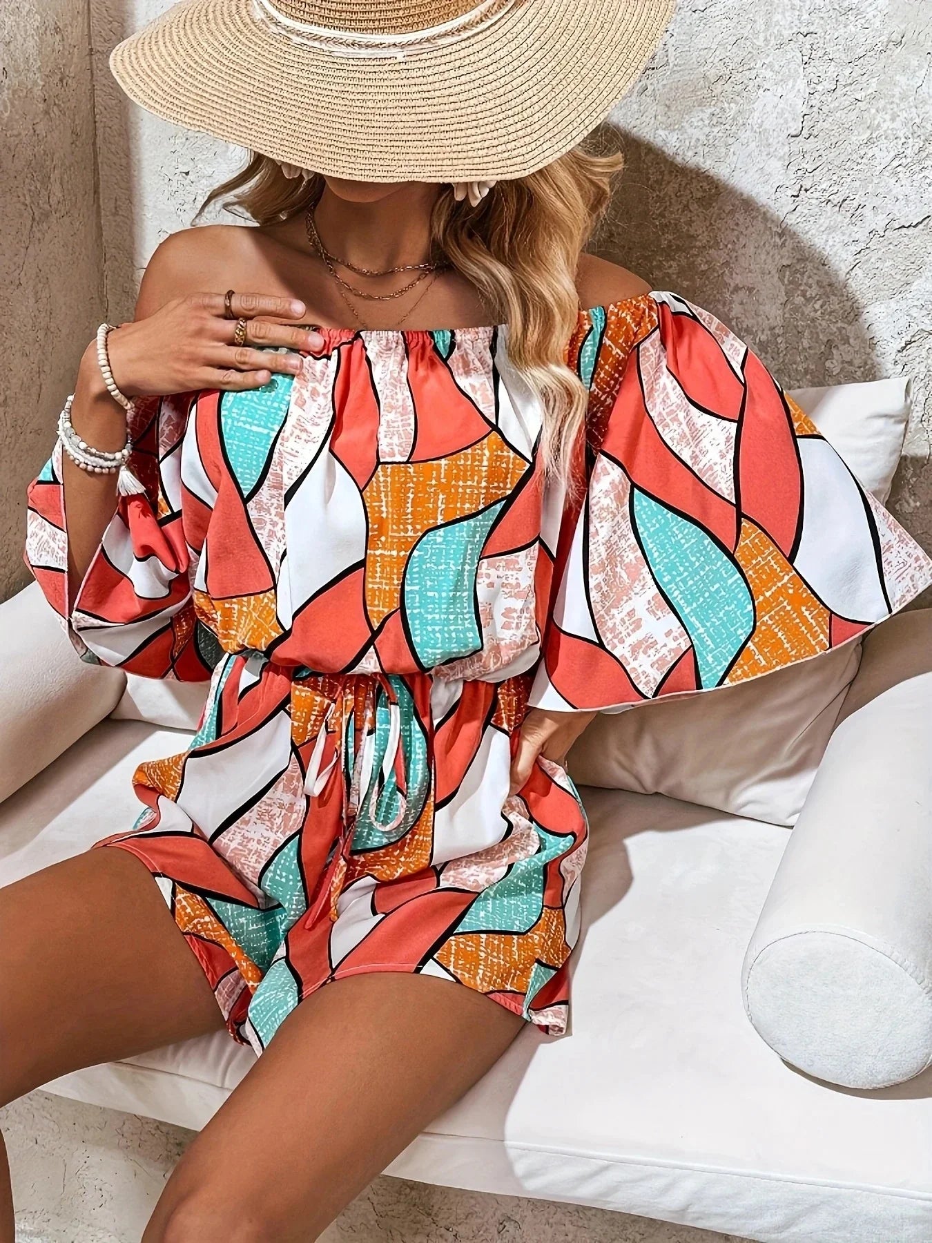 Off Shoulder Drawstring Waist Romper Small - Southern Shores Clothing