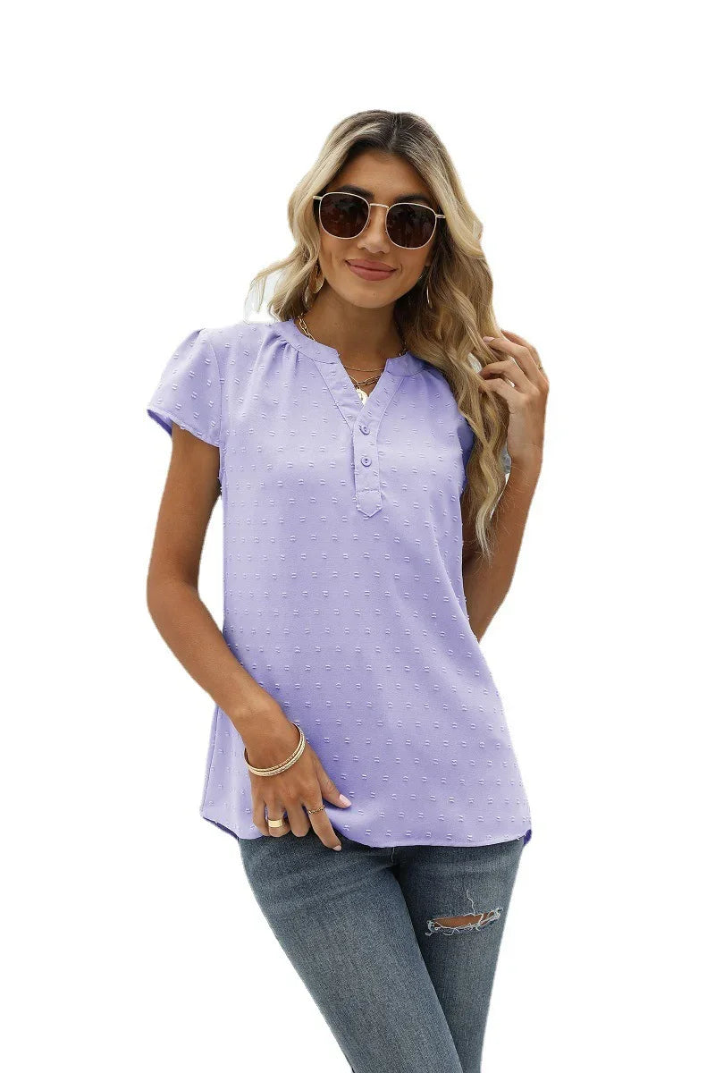 Swiss Dot Notched Neck Short Sleeve Top Casual Wear - Southern Shores Clothing