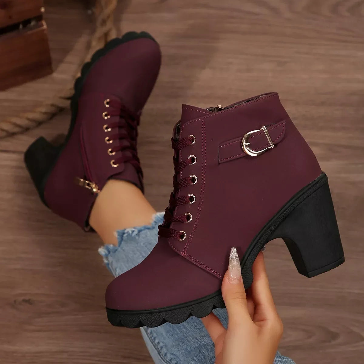 Lace Up Buckle Chunky Heel Ankle Boots Suede Rubber
