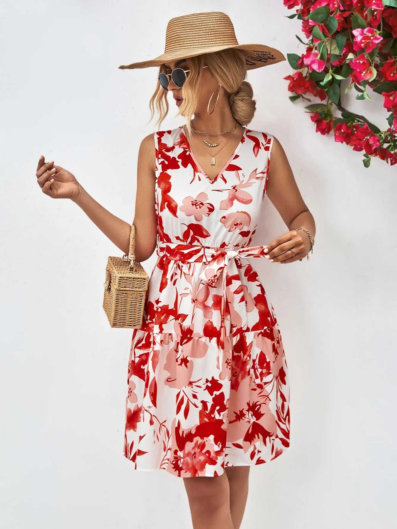 Floral V-Neck Tie Waist Sleeveless Dress - Southern Shores Clothing