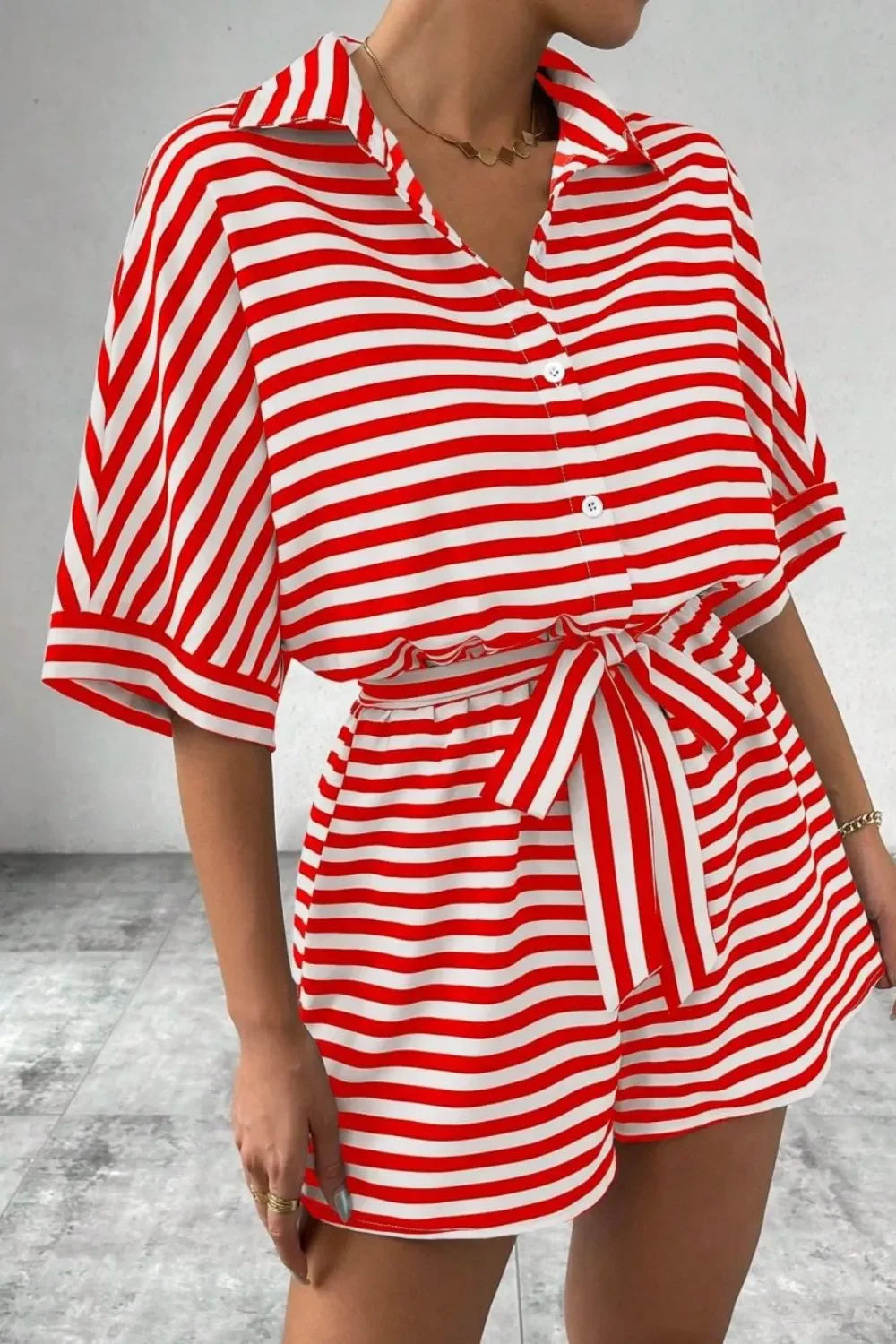 Striped Collared Neck Tie Waist Romper Relaxed Fit - Southern Shores Clothing