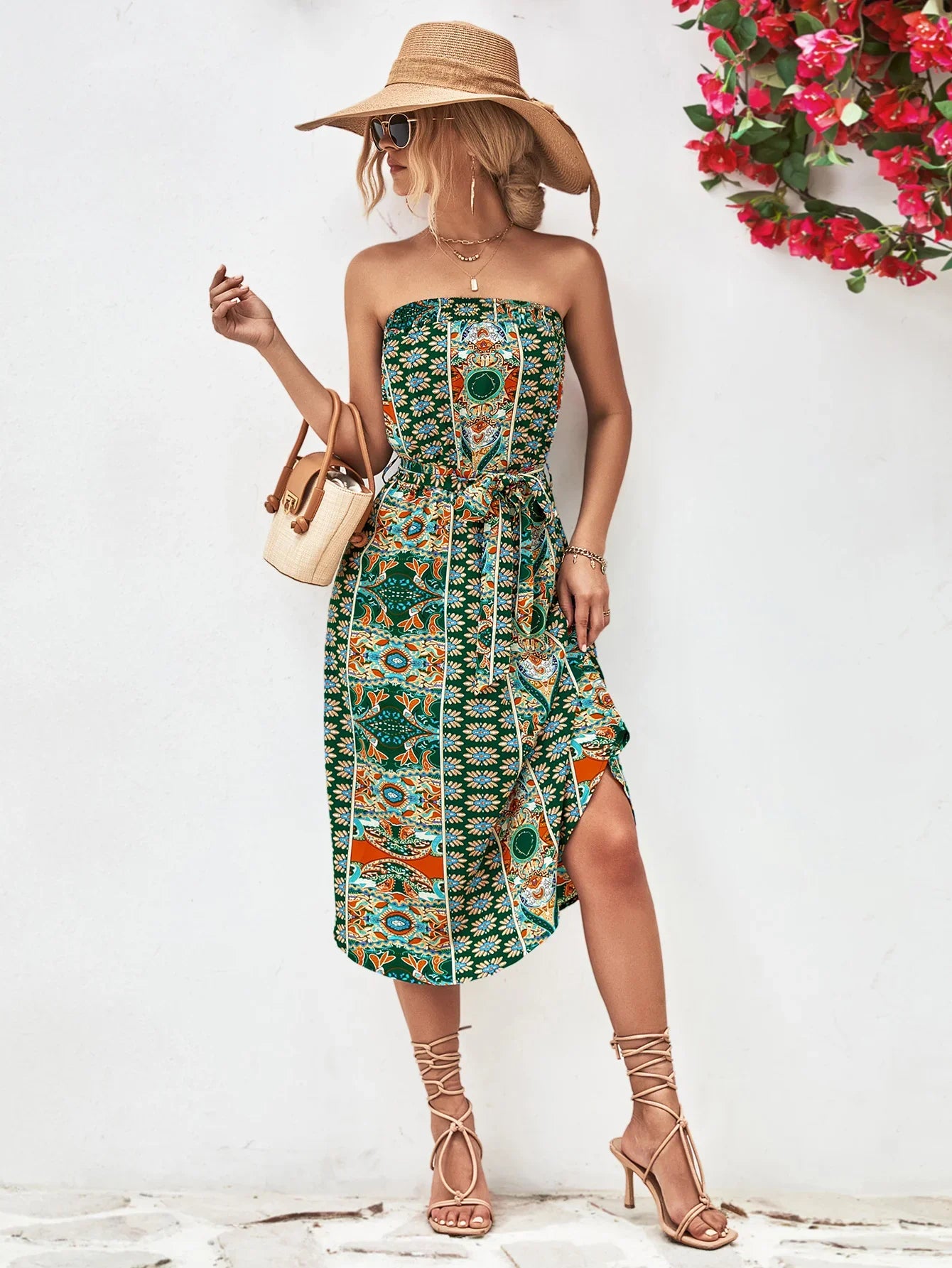 Printed Strapless Tie Belt Dress - Southern Shores Clothing