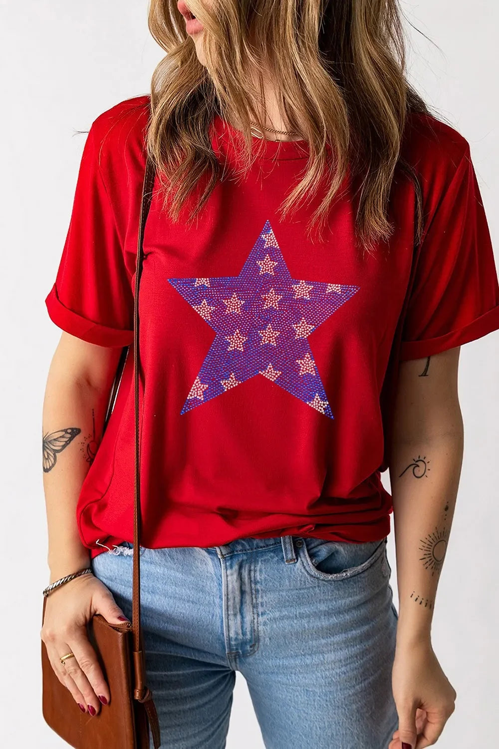 Patriotic Star Round Neck T Shirt With Rhinestones - Southern Shores Clothing